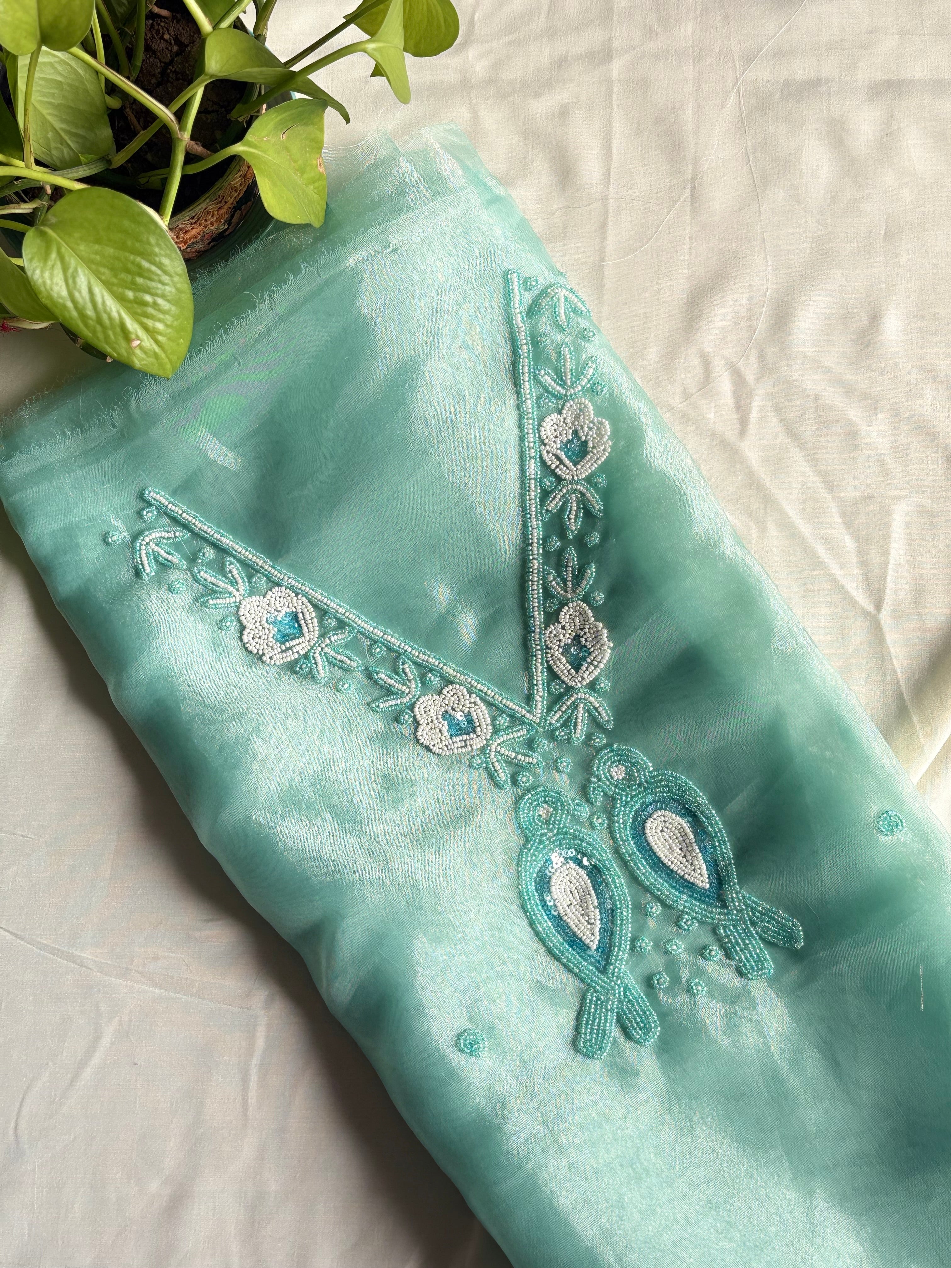 Riwa- Pastel Green Organza Suit With Beautiful Pearl Neck Work