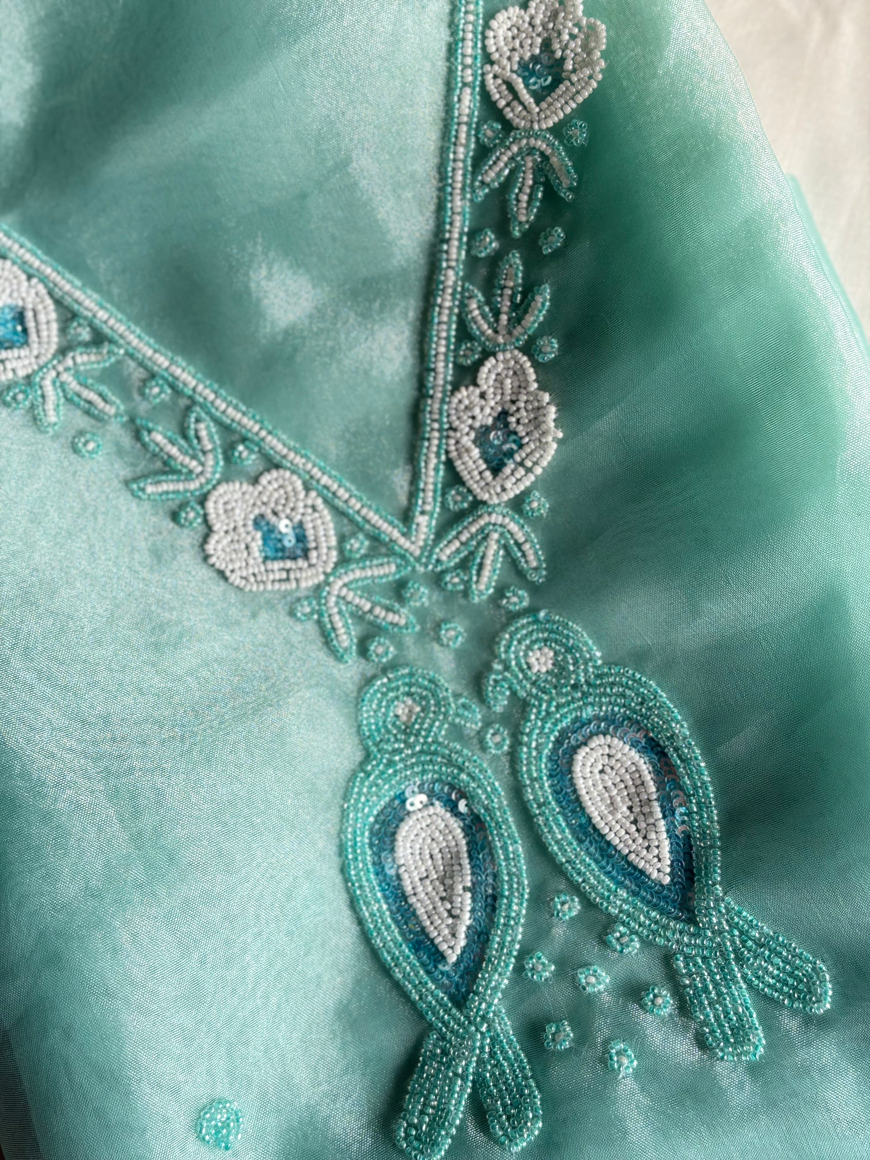 Riwa- Pastel Green Organza Suit With Beautiful Pearl Neck Work