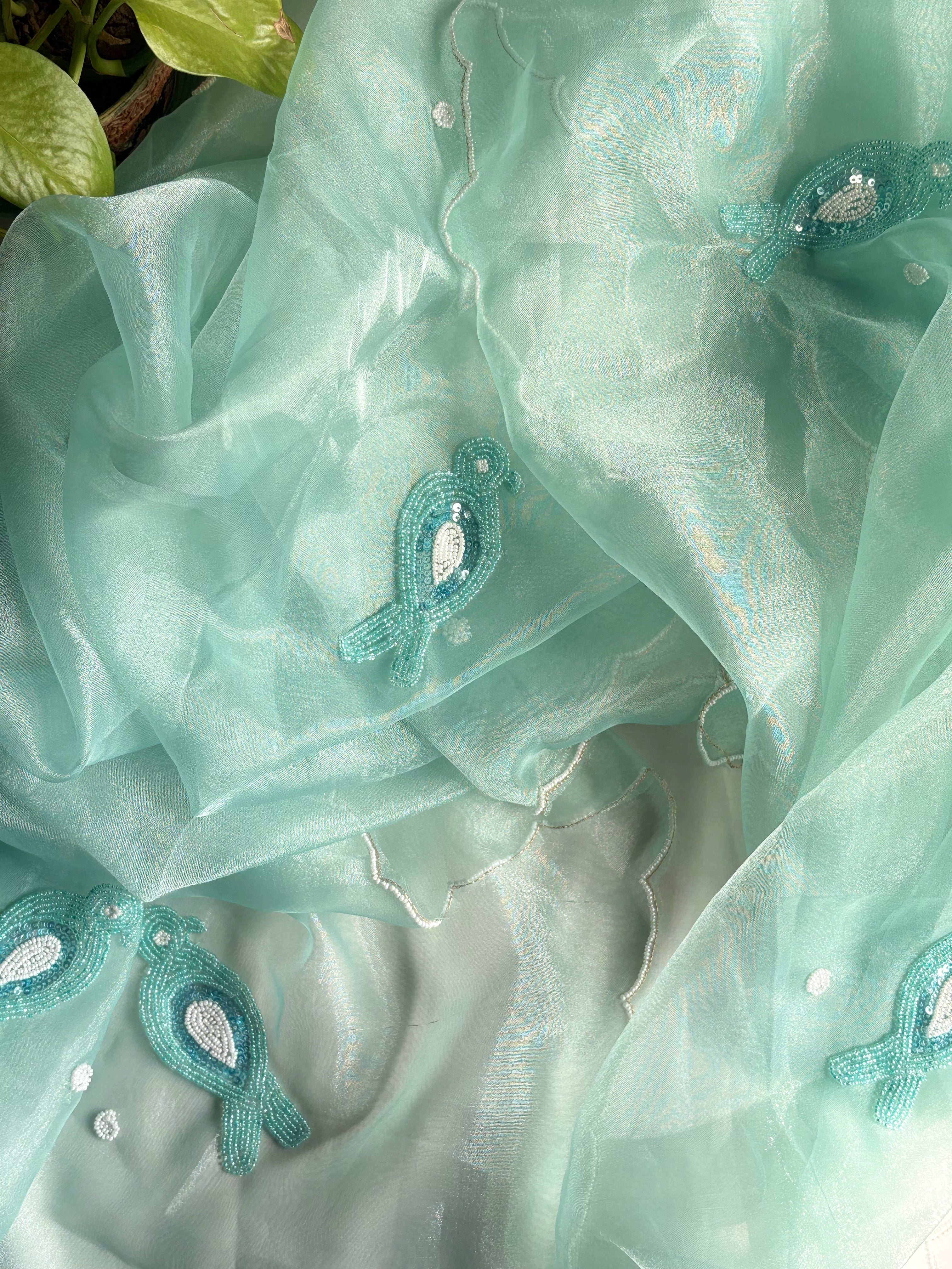 Riwa- Pastel Green Organza Suit With Beautiful Pearl Neck Work