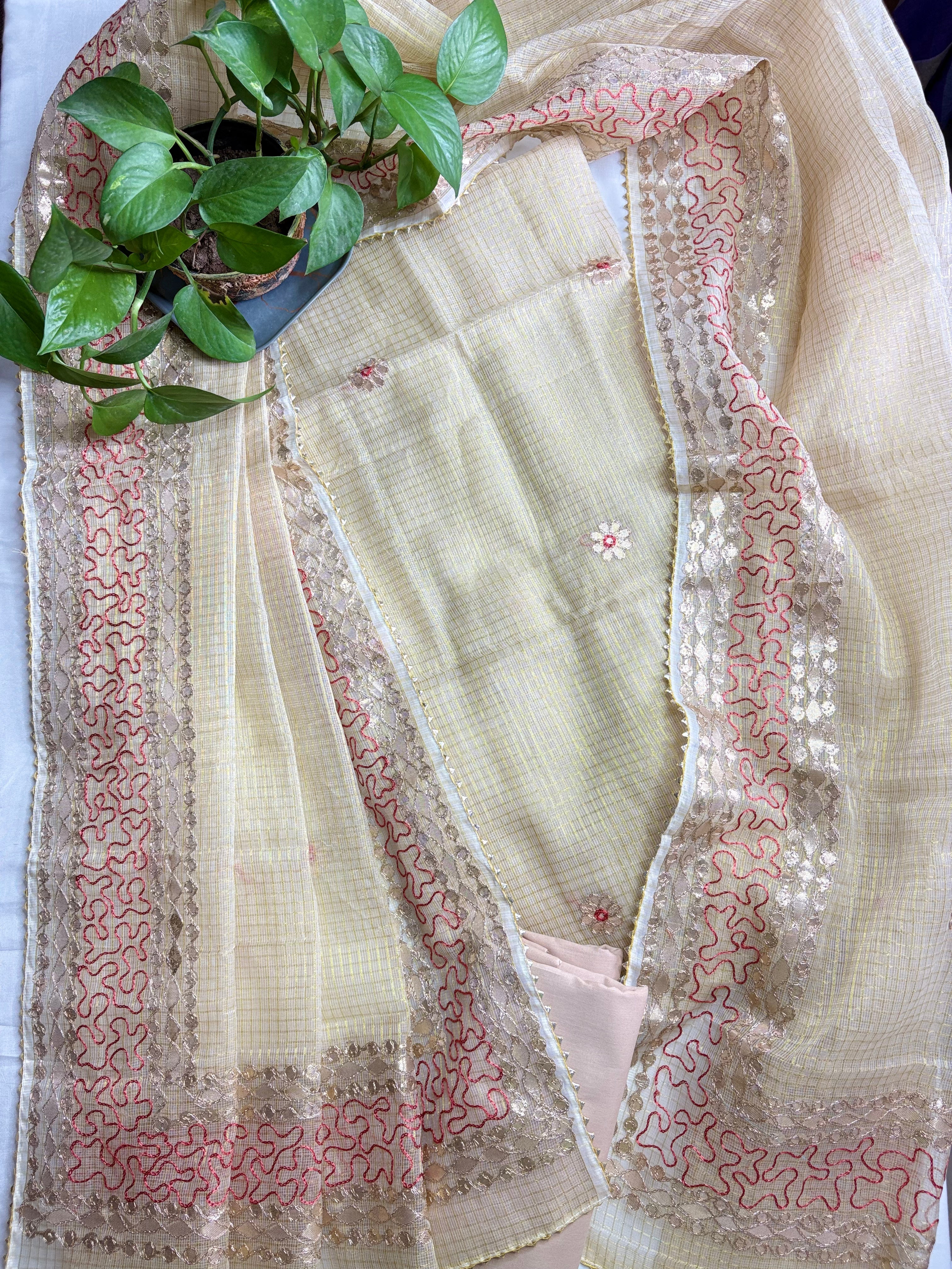 Amba- Kota Salwar Suit In Gota Work In Golden Cream