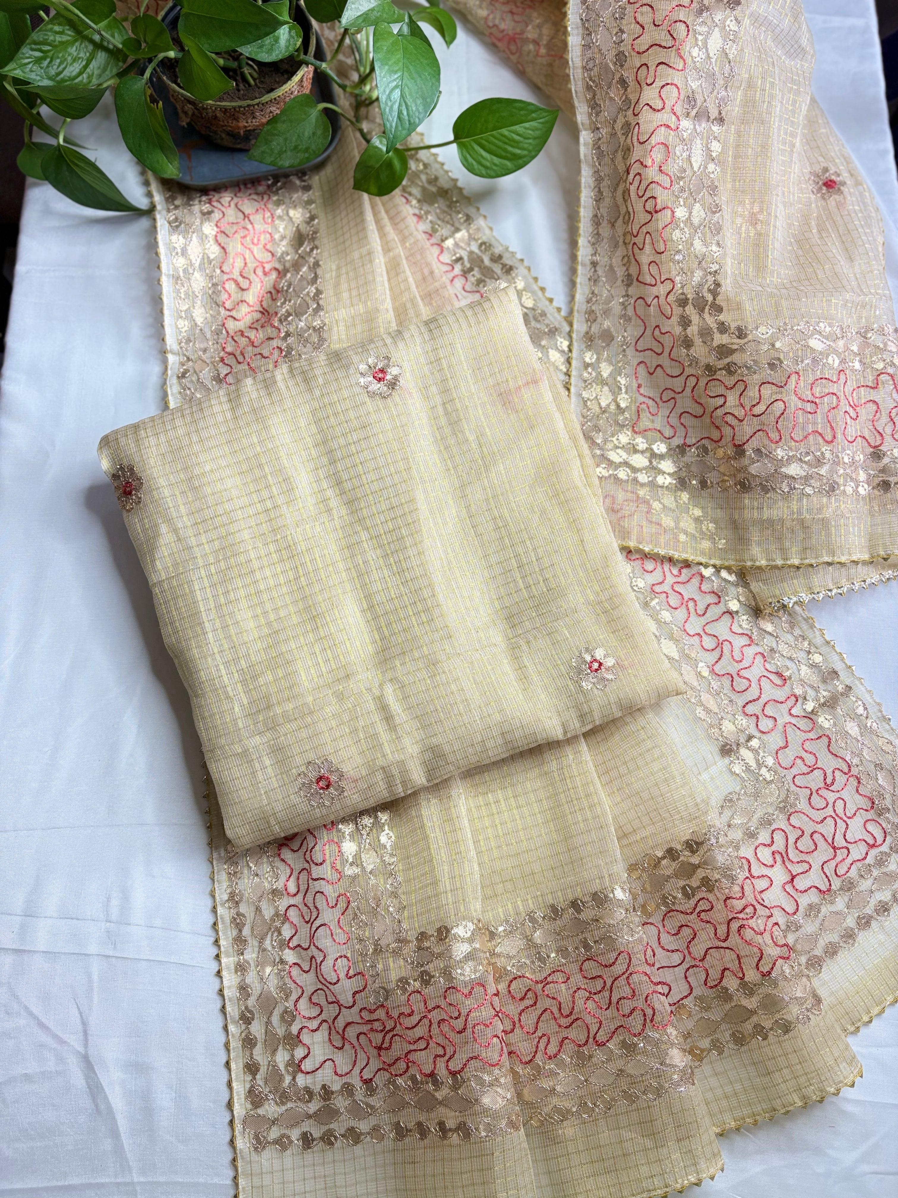 Amba- Kota Salwar Suit In Gota Work In Golden Cream