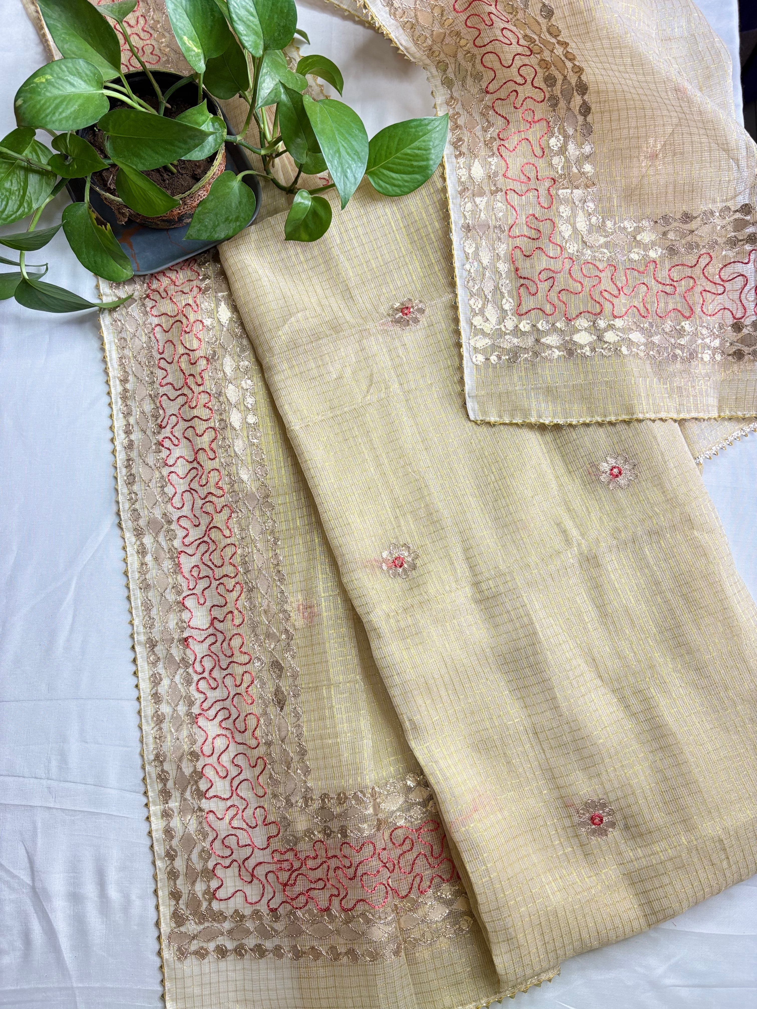 Amba- Kota Salwar Suit In Gota Work In Golden Cream