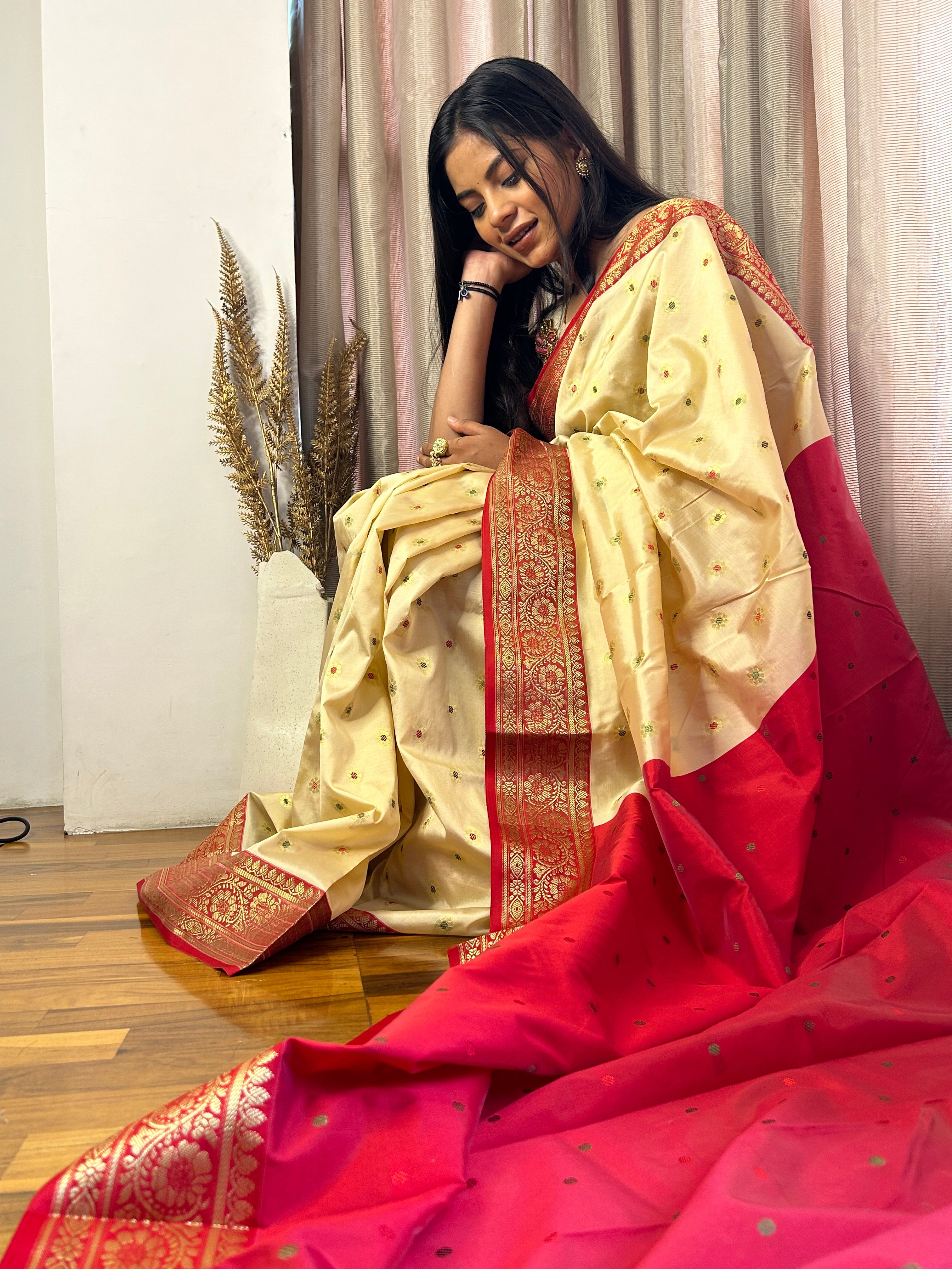 Banarasi Silk Saree In Cream & Red