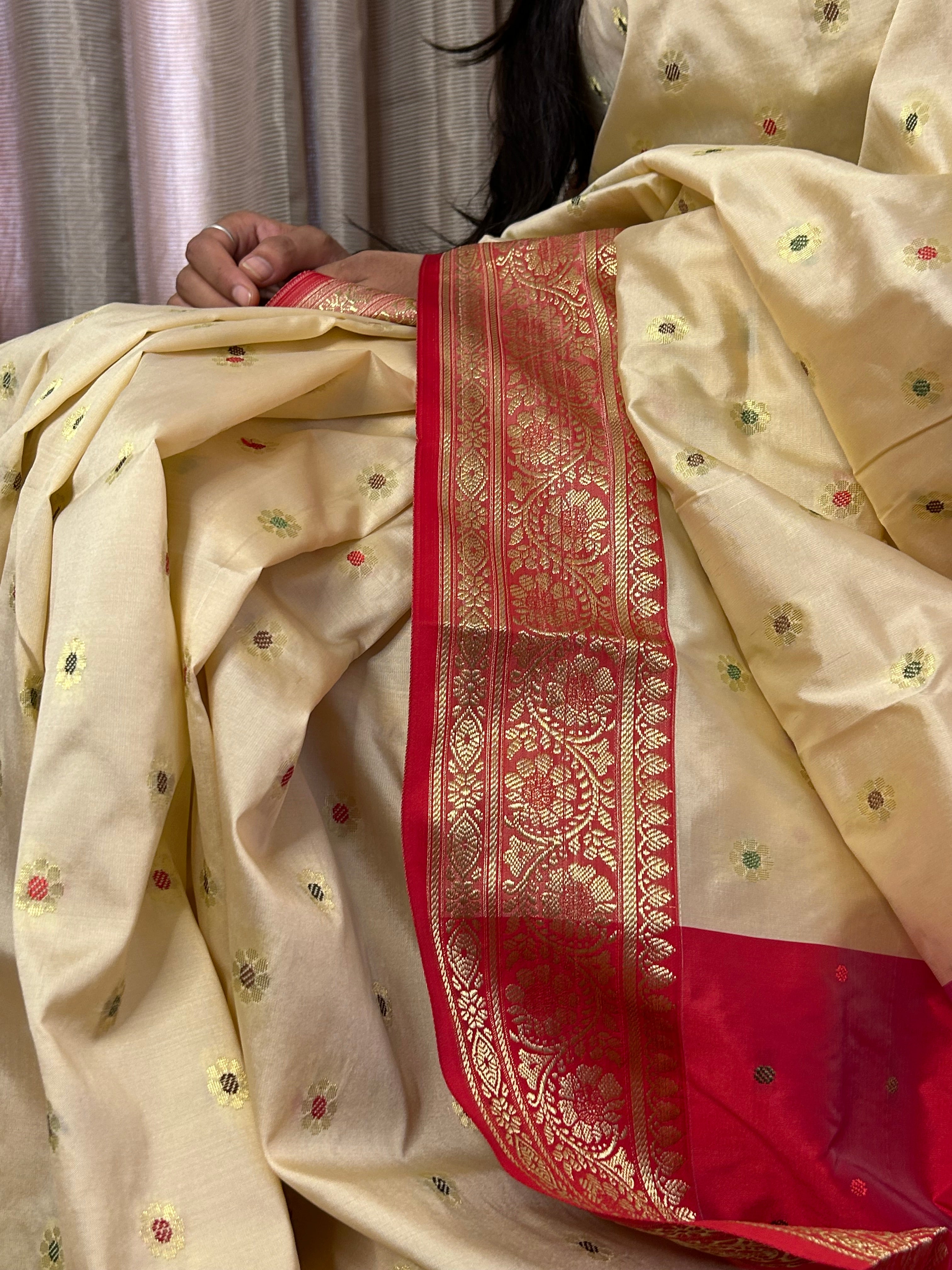 Banarasi Silk Saree In Cream & Red