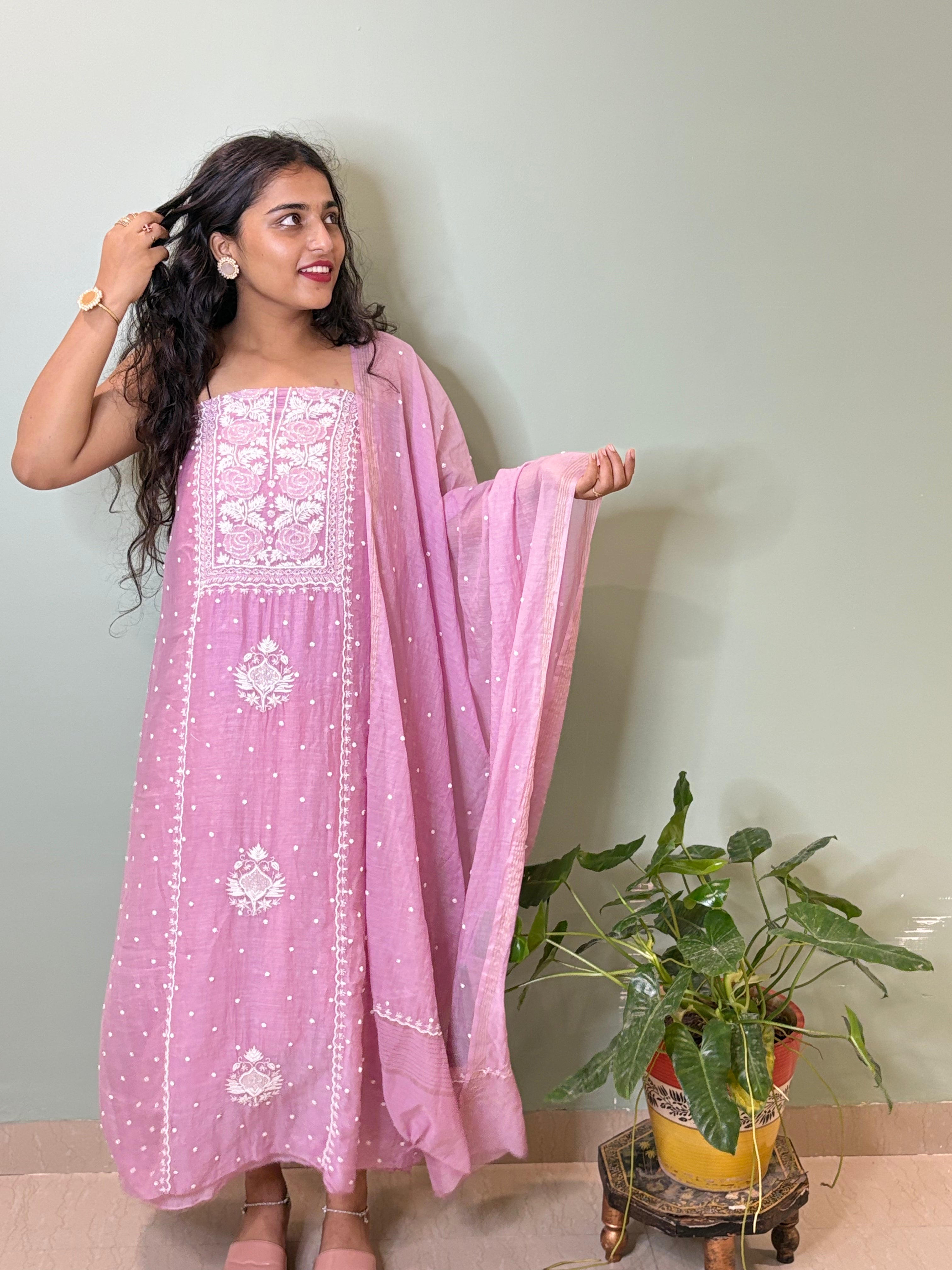 Husna- Mauv Color Malmal Chanderi Chikankari Suit With Pearl Detailing