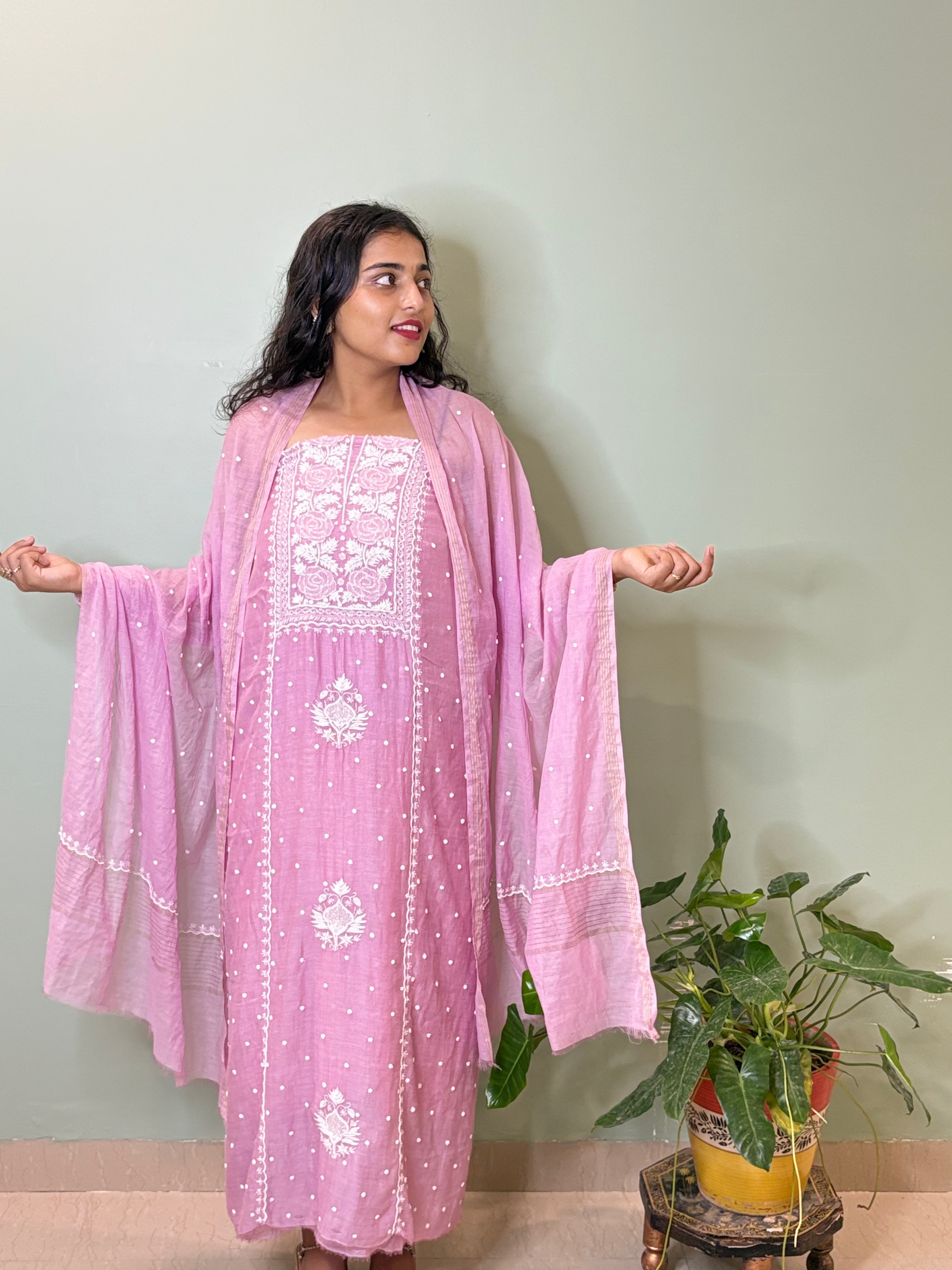 Husna- Mauv Color Malmal Chanderi Chikankari Suit With Pearl Detailing