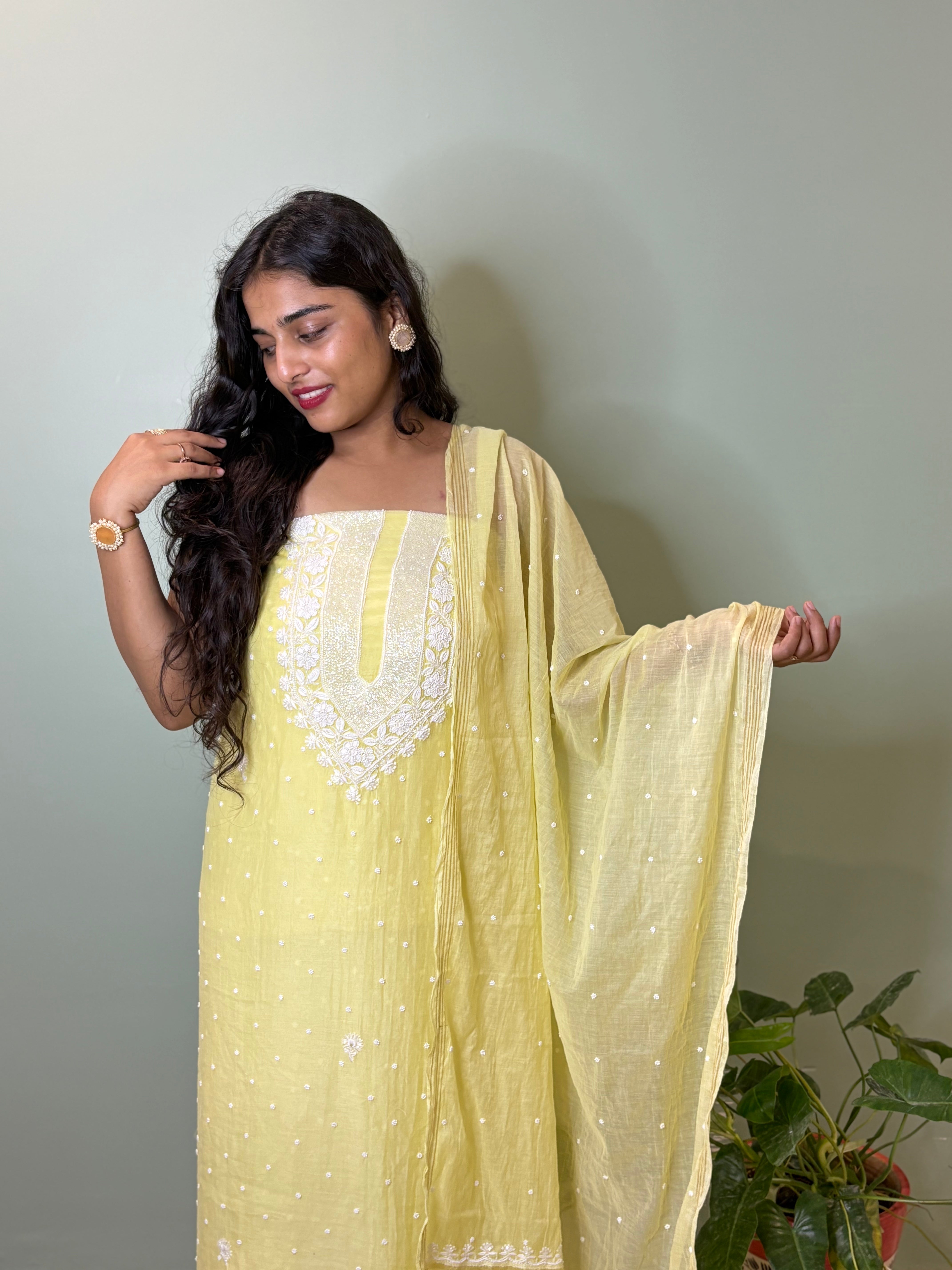 Sunhari- Yellow Malmal Chanderi Chikankari Suit With Pearl Detailing