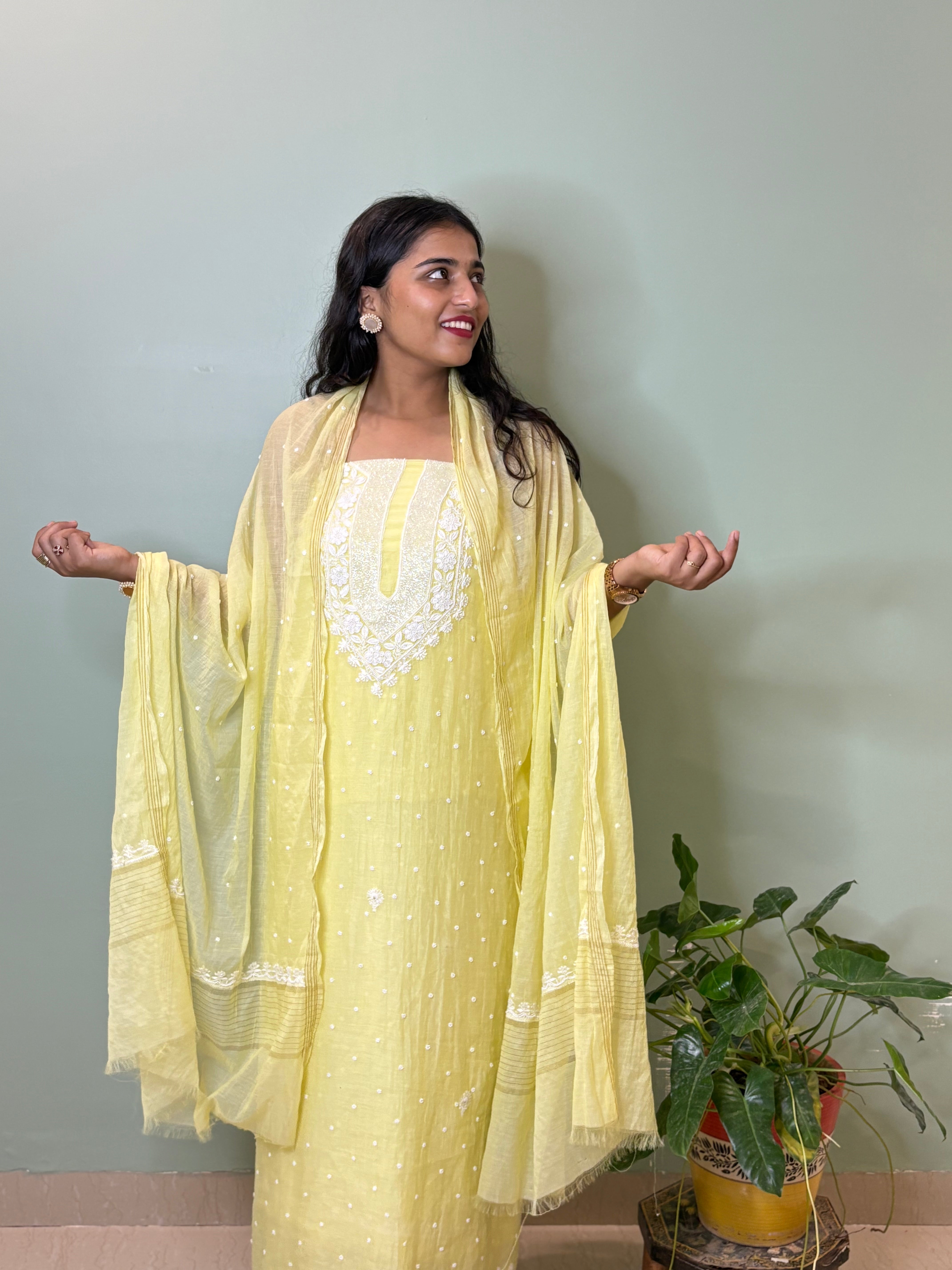 Sunhari- Yellow Malmal Chanderi Chikankari Suit With Pearl Detailing