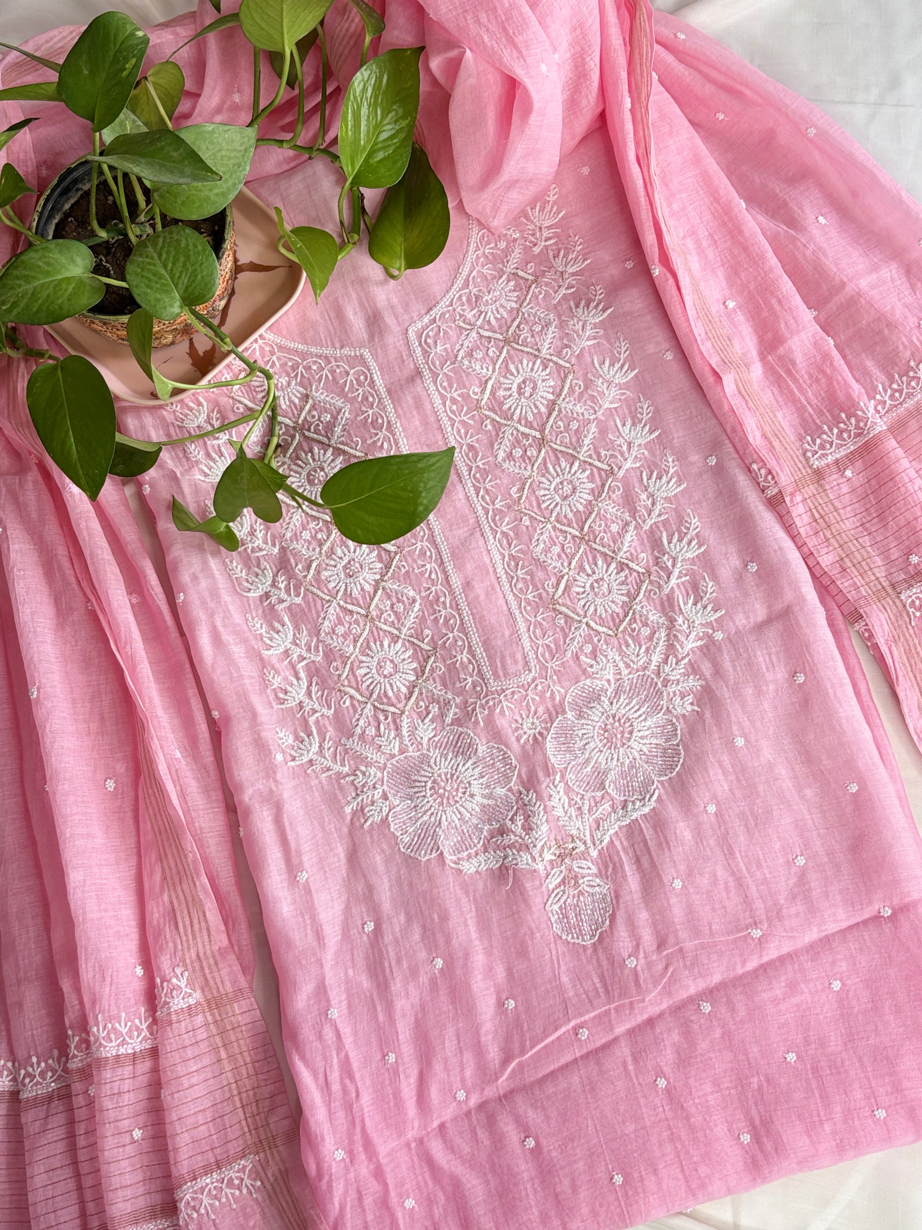 Gulab- Pink Malmal Chanderi Chikankari Suit With Pearl Detailing