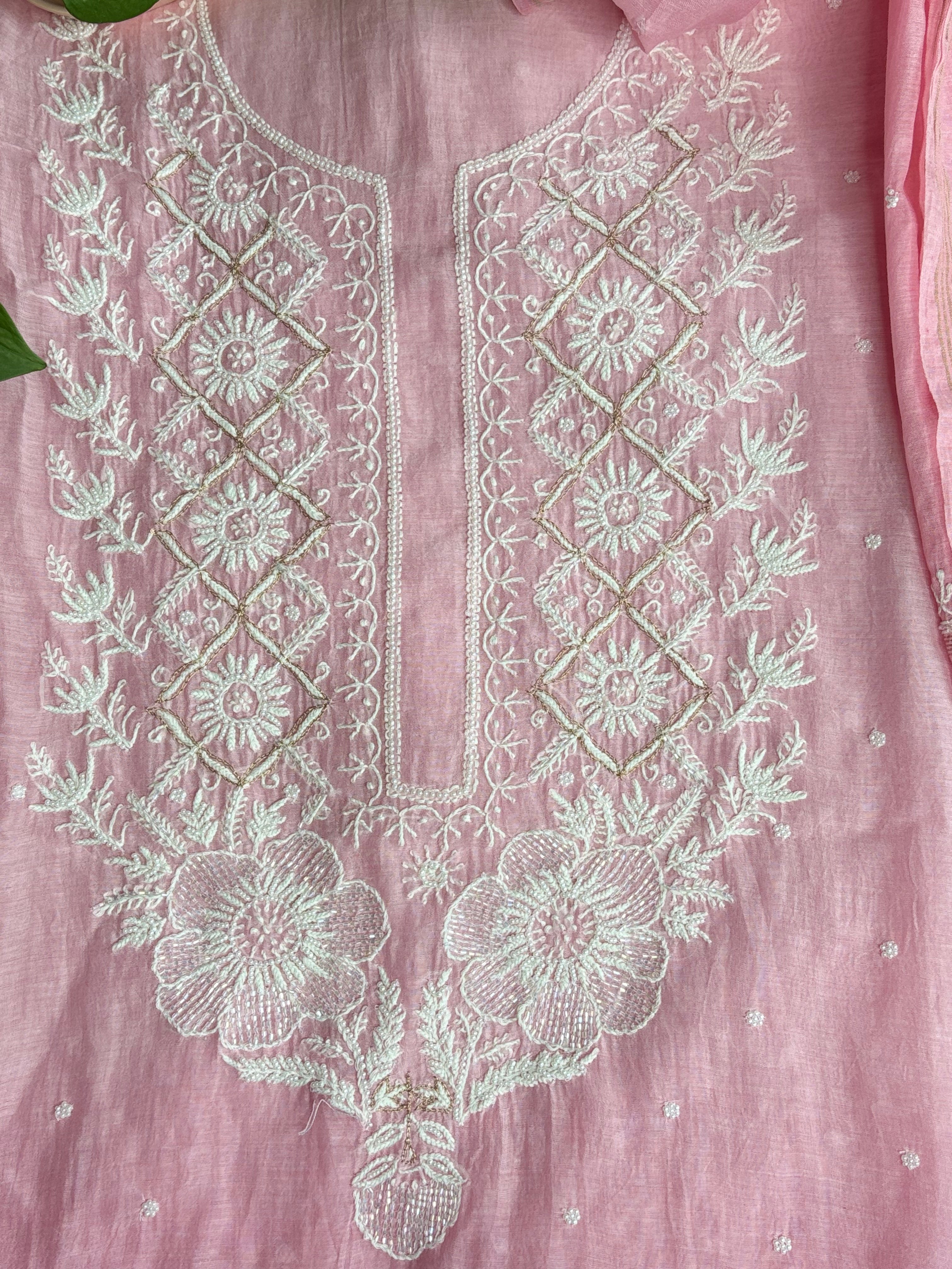 Gulab- Pink Malmal Chanderi Chikankari Suit With Pearl Detailing