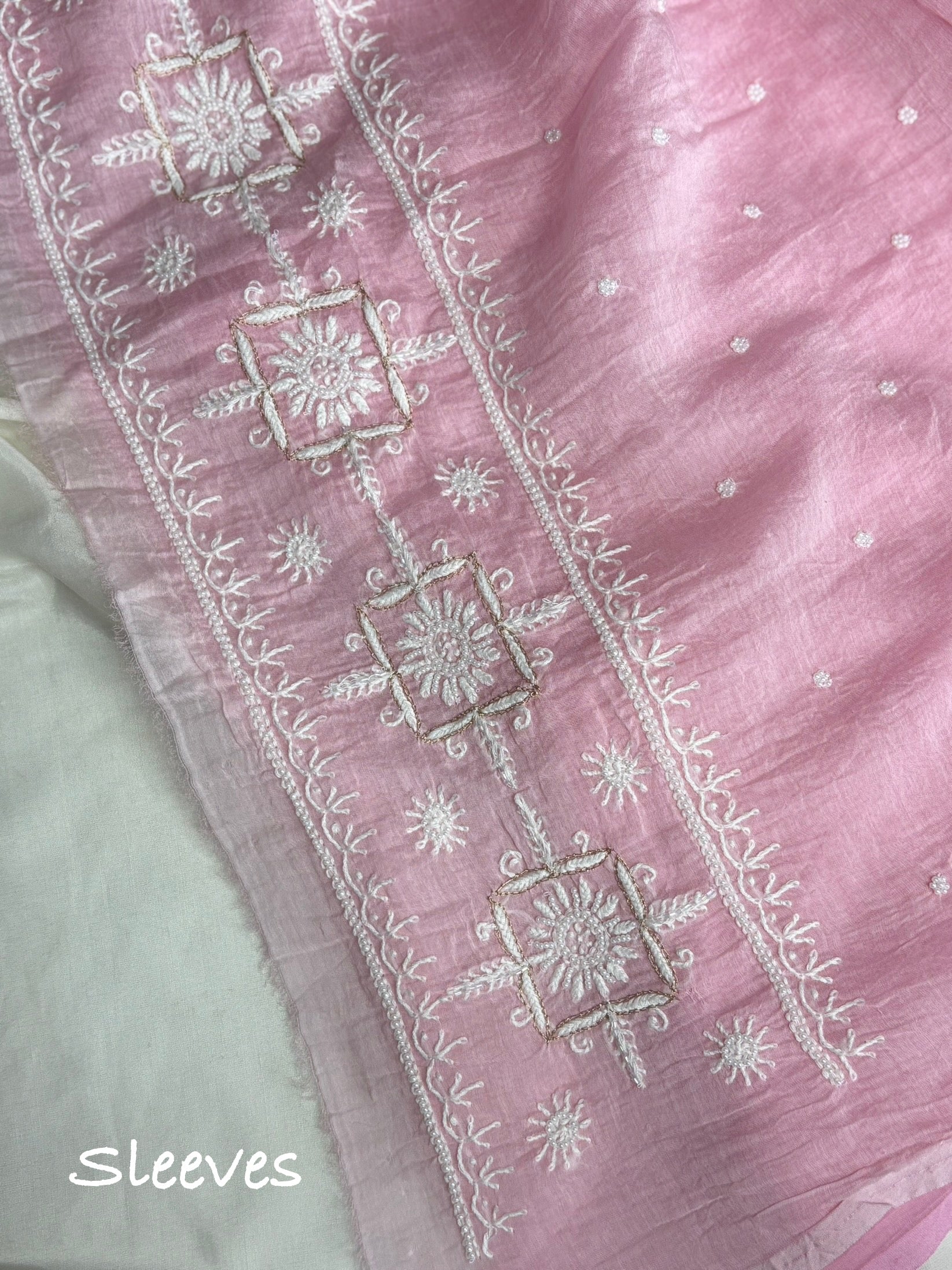 Gulab- Pink Malmal Chanderi Chikankari Suit With Pearl Detailing
