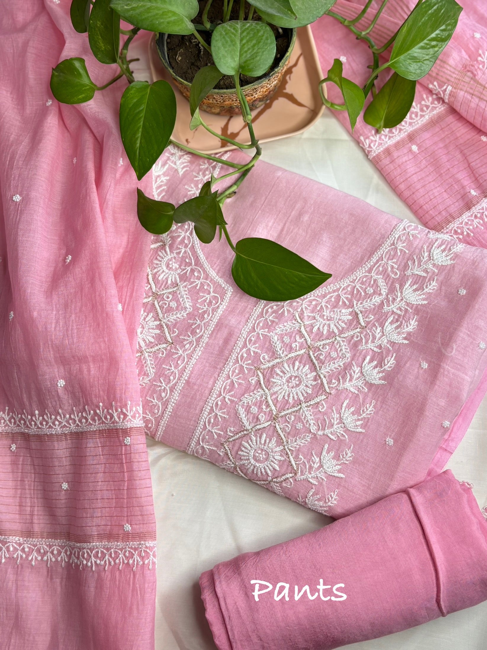 Gulab- Pink Malmal Chanderi Chikankari Suit With Pearl Detailing