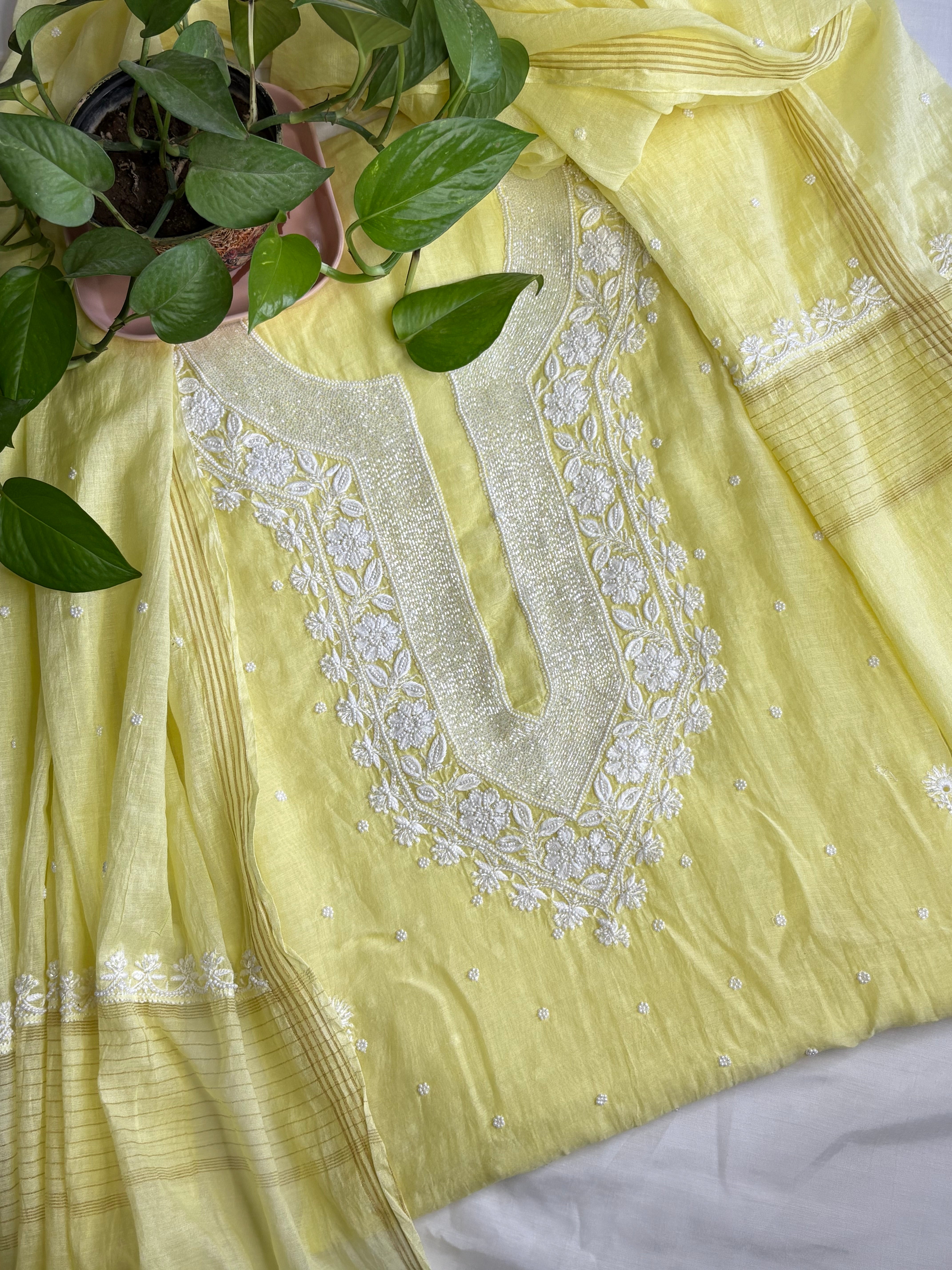 Sunhari- Yellow Malmal Chanderi Chikankari Suit With Pearl Detailing