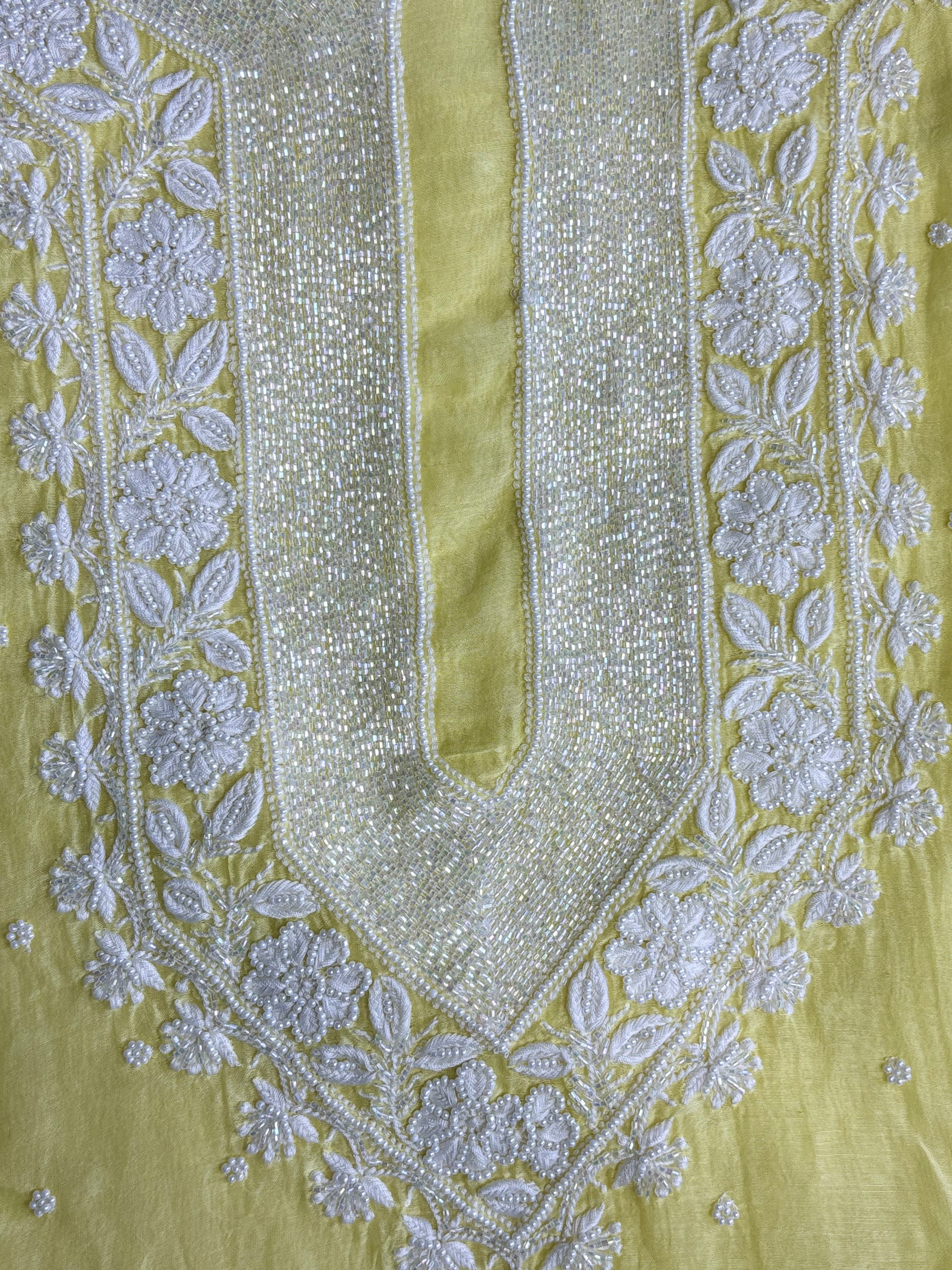 Sunhari- Yellow Malmal Chanderi Chikankari Suit With Pearl Detailing
