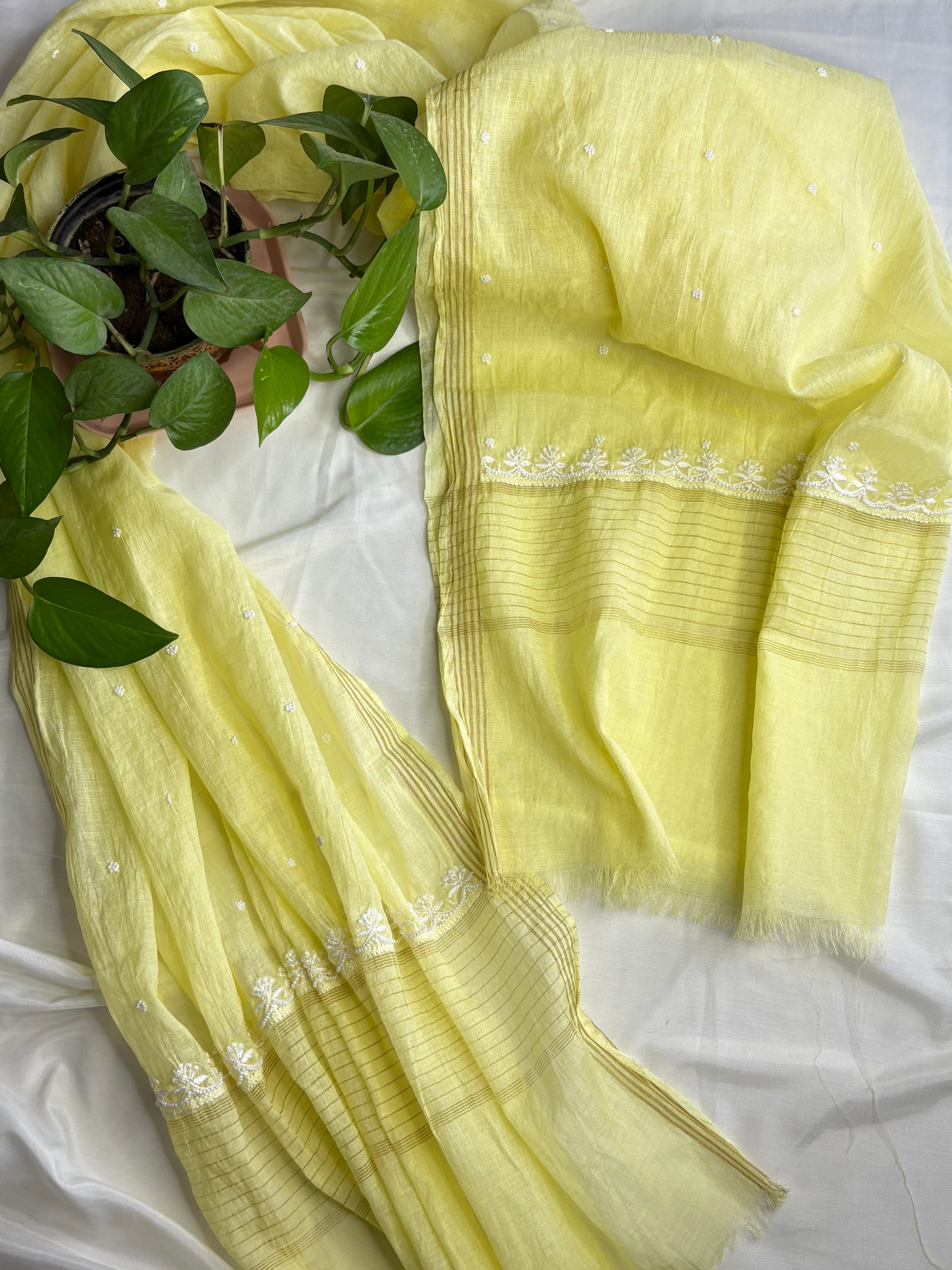 Sunhari- Yellow Malmal Chanderi Chikankari Suit With Pearl Detailing