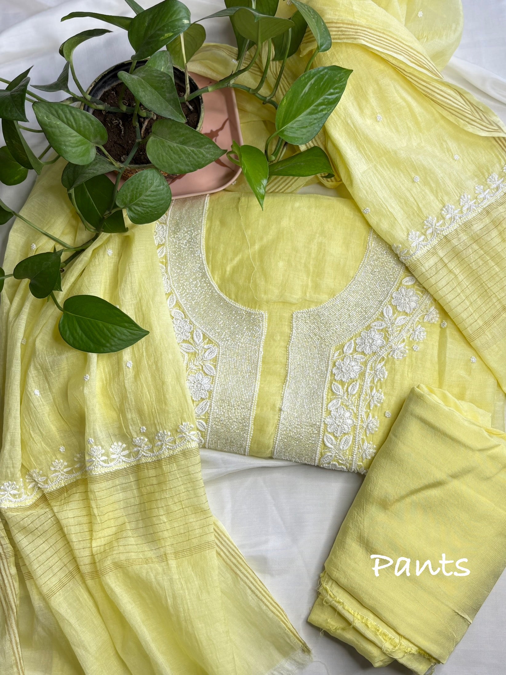 Sunhari- Yellow Malmal Chanderi Chikankari Suit With Pearl Detailing