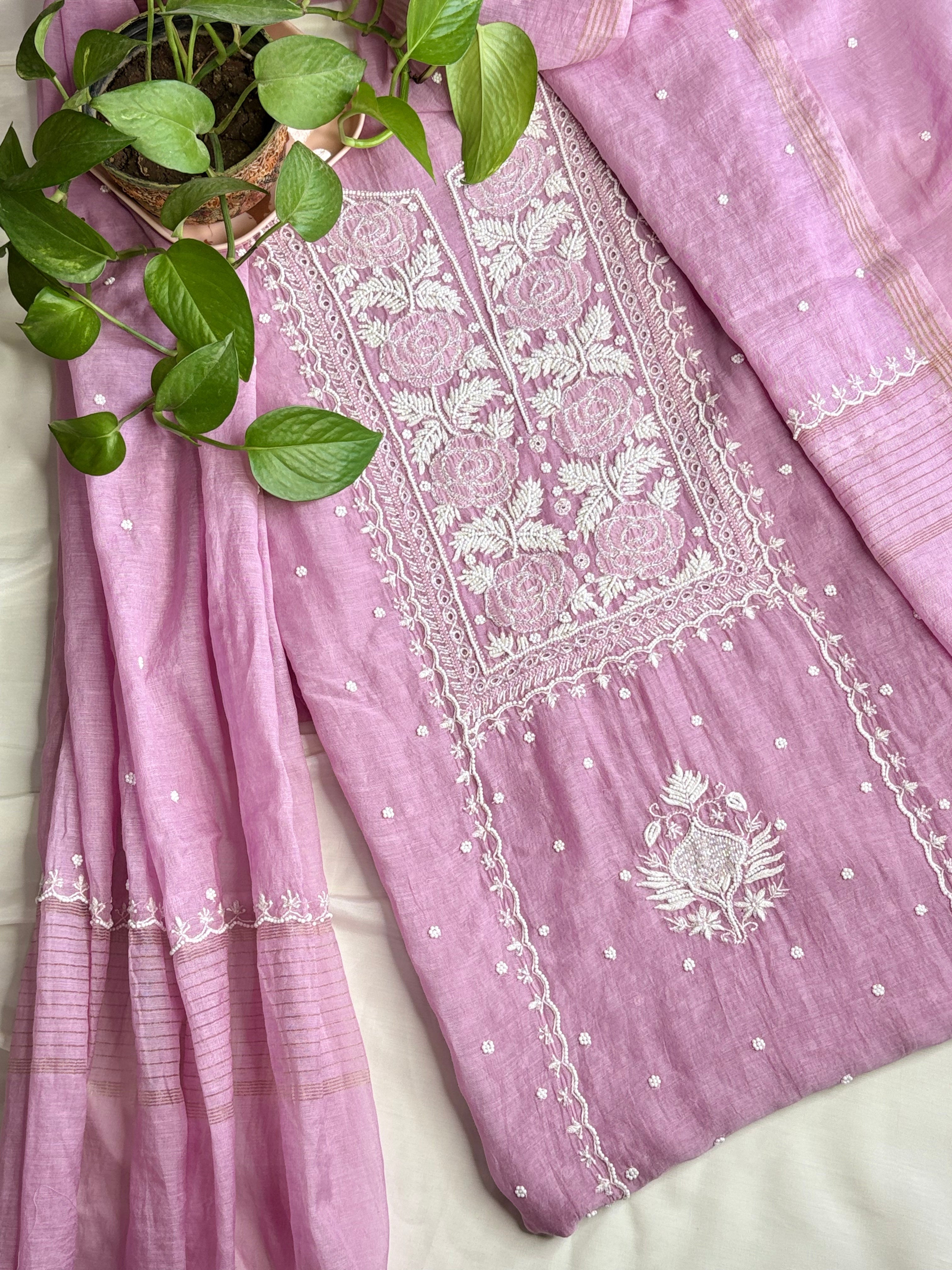Husna- Mauv Color Malmal Chanderi Chikankari Suit With Pearl Detailing