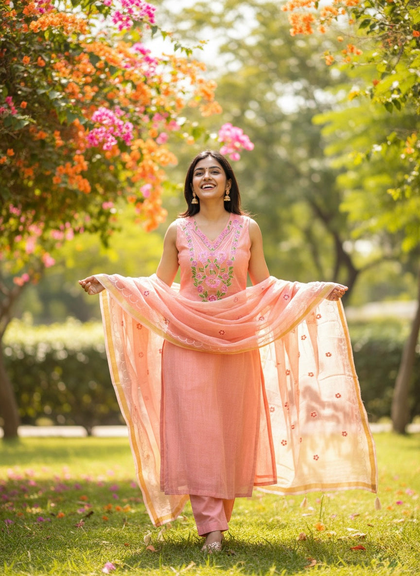 Koushika Kota Doria Embroidered Suit Set In Peach (unstitched)