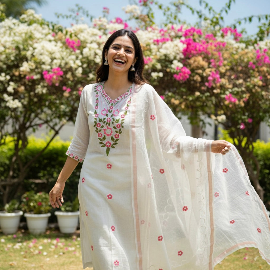 Arundhati- Kota Doria Embroidered Suit Set In White (unstitched)