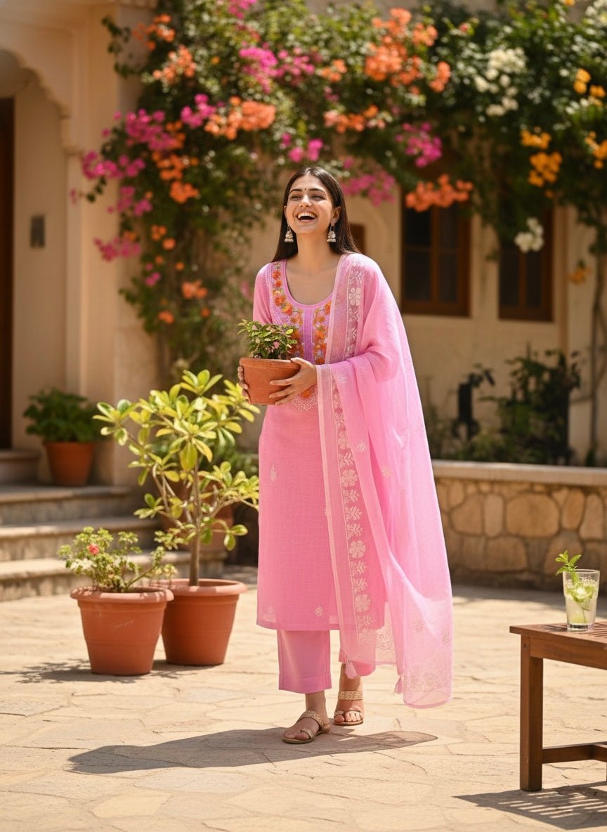 Rati- Kota Doriya Embroidery Work Suit In Pink (unstitched)