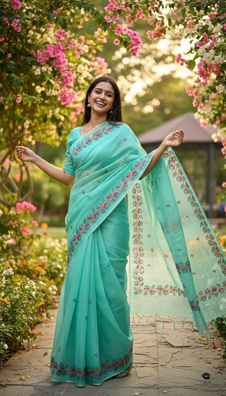 Harkha- Cross Stitch Kota Doria Embroidery Work Saree In Sea Green