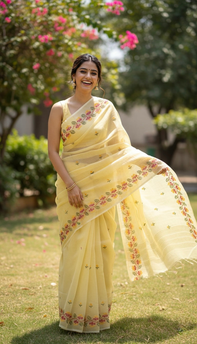 Leher- Cross Stitch Kota Doria Embroidery Work Saree In Yellow
