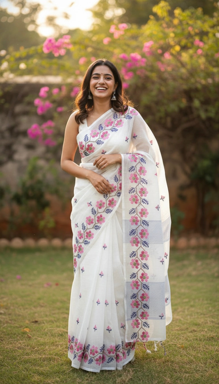 Rajmati- Cross Stitch Kota Doria Embroidery Work Saree In White