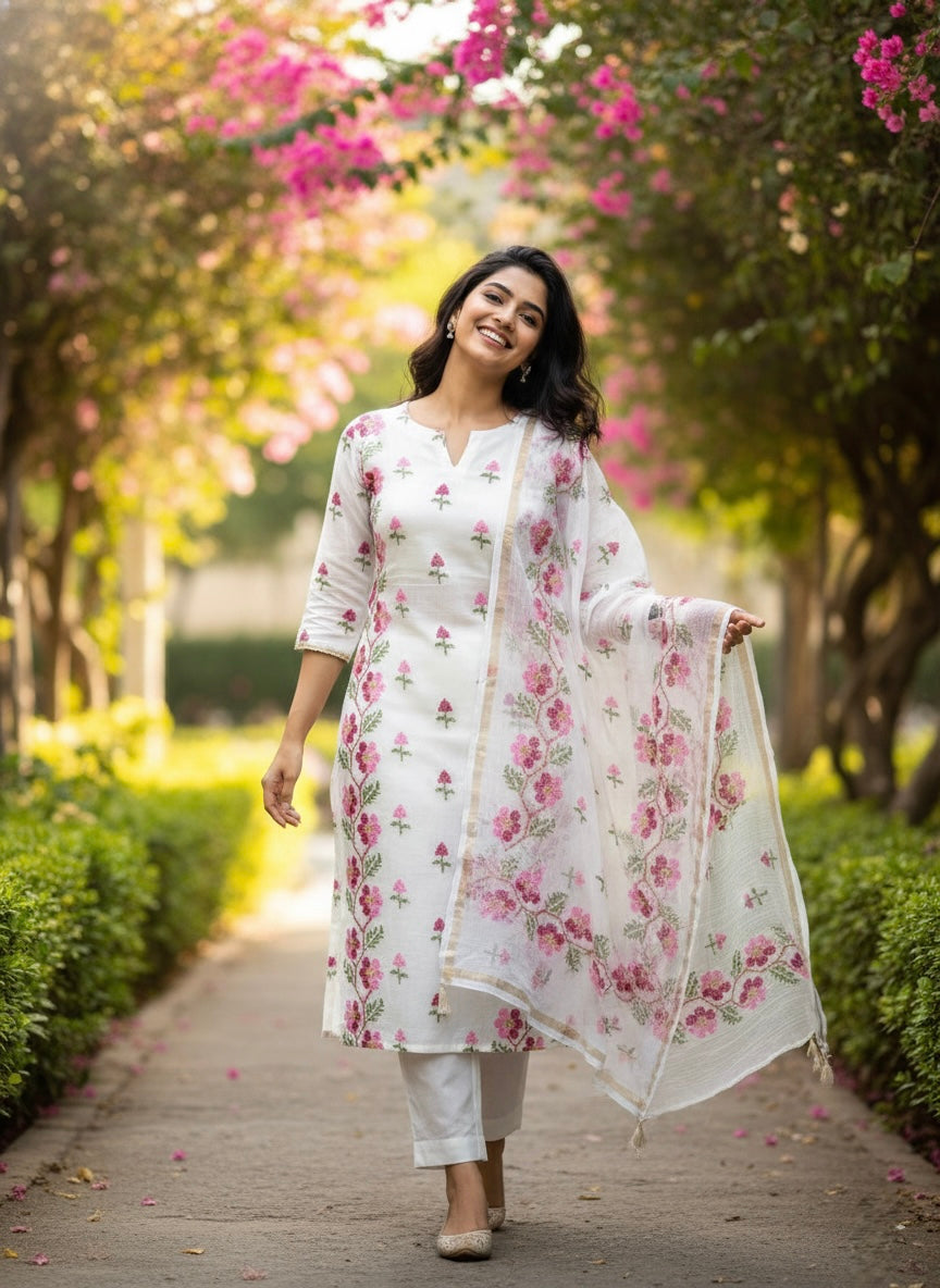 Vaidehi- Beautiful Kota Doria Suit In White Colour With Pink Embroidery Work (unstitched)