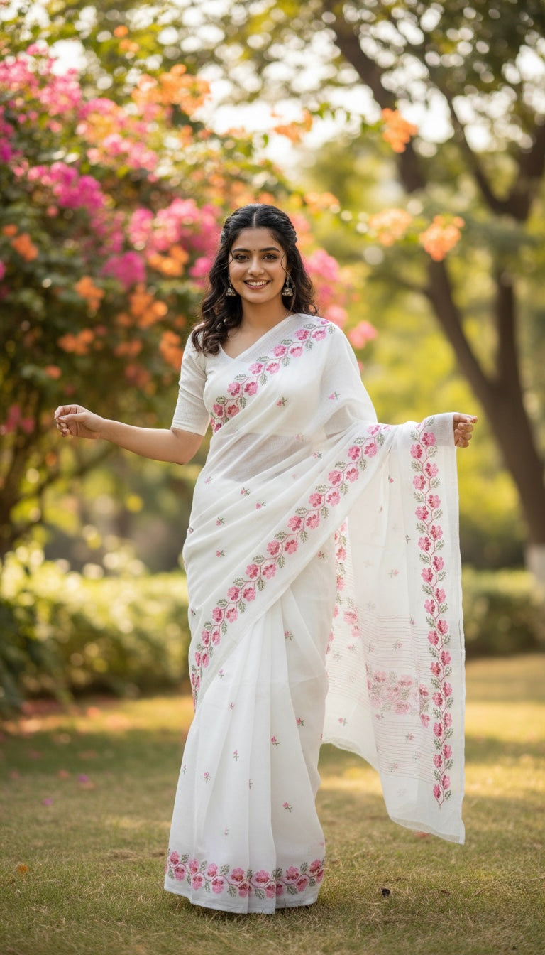 Morni- Cross Stitch Kota Doria Embroidery Work Saree In White