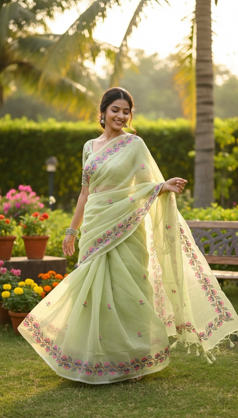 Chitralekha- Cross Stitch Kota Doria Embroidery Work Saree In Pista Green