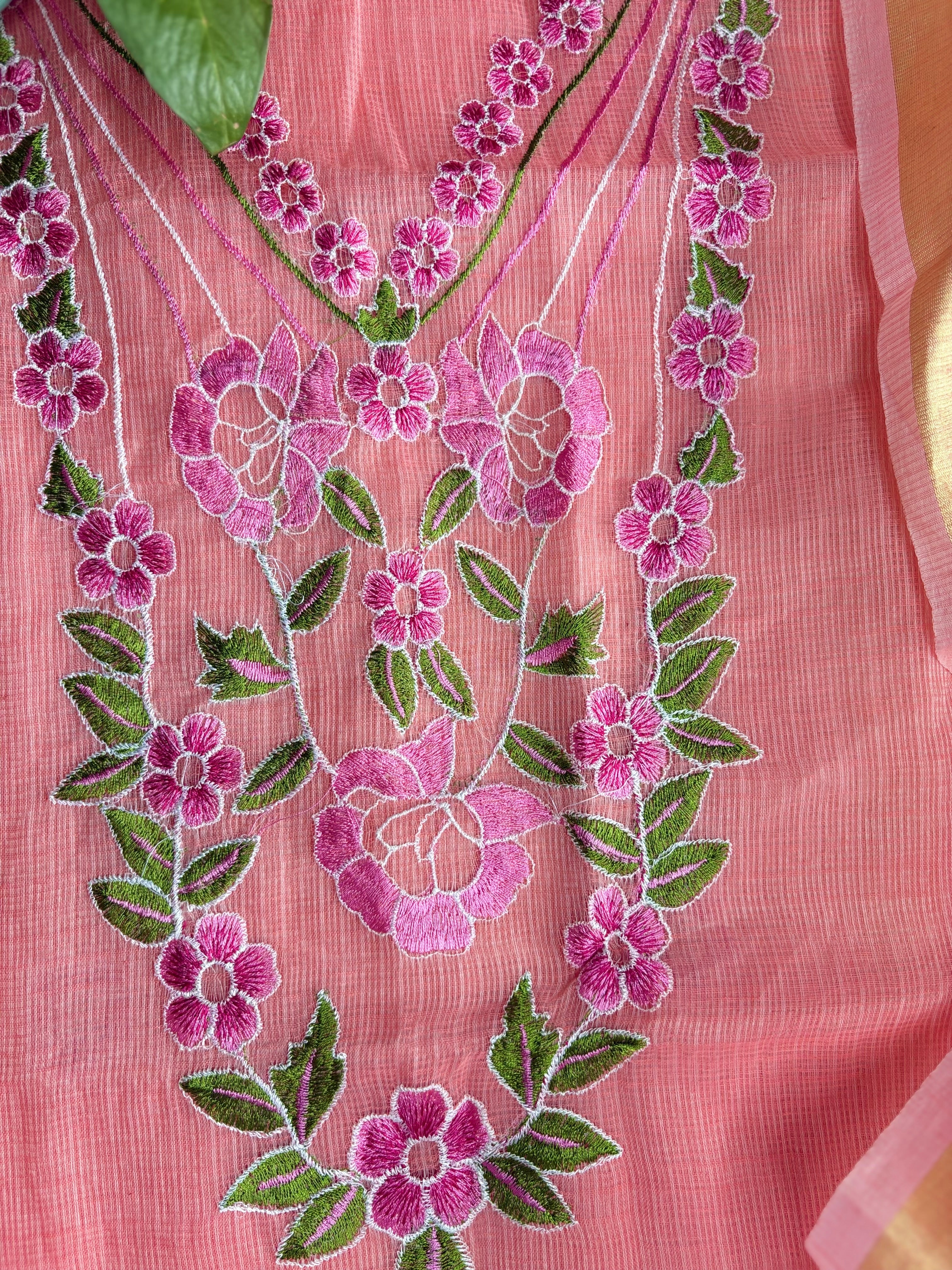 Kota Doria Embroidered Suit Set In Peach