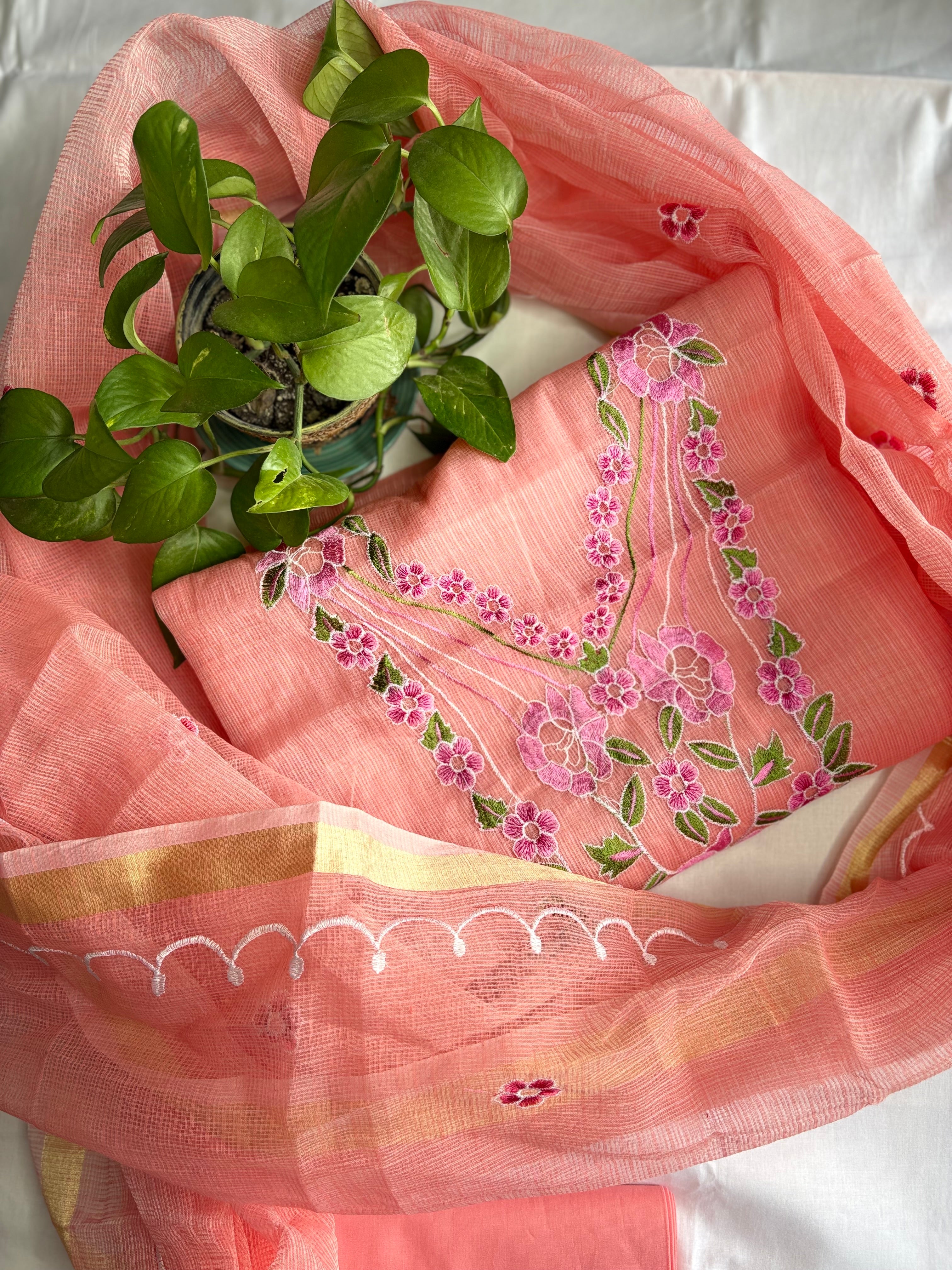 Kota Doria Embroidered Suit Set In Peach