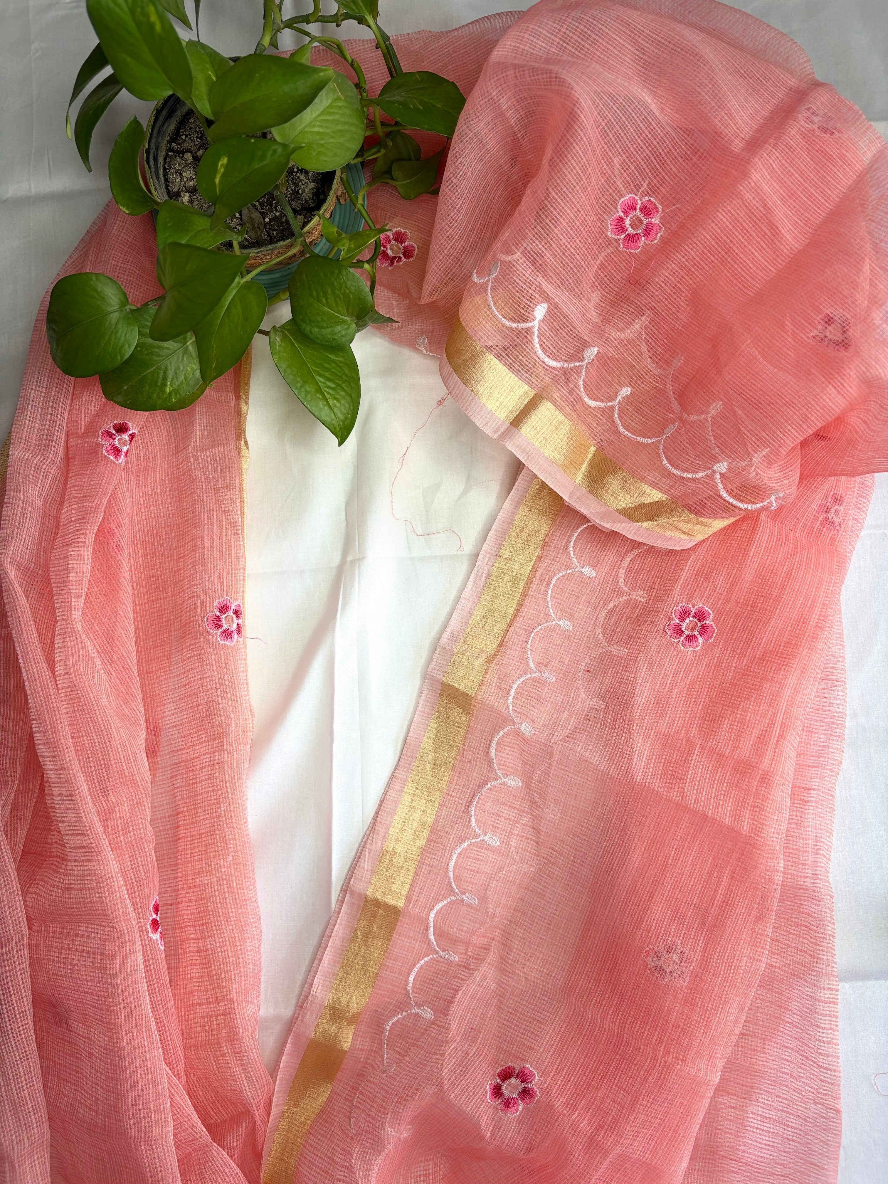 Kota Doria Embroidered Suit Set In Peach