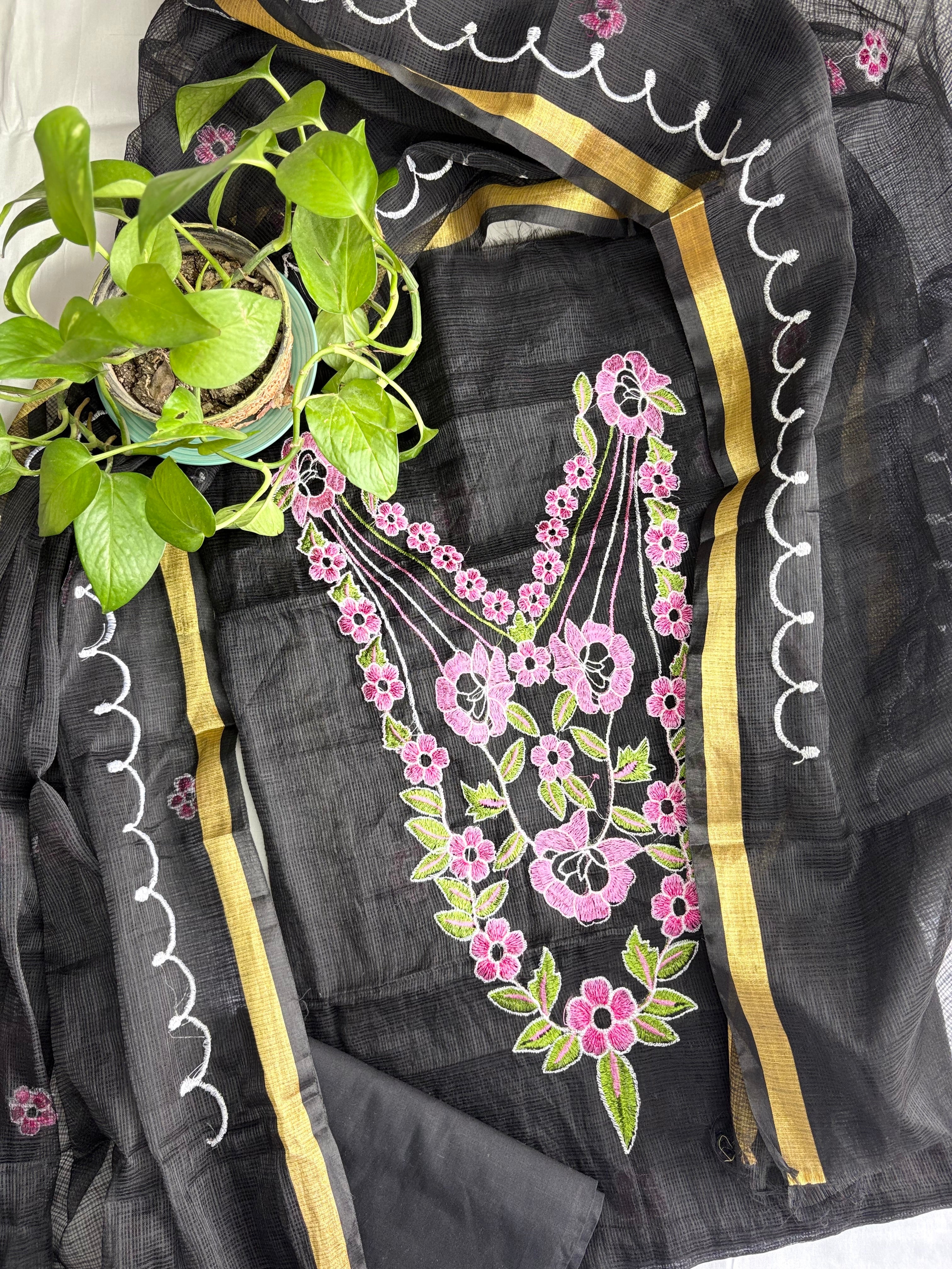 Kota Doria Embroidered Suit Set In Black