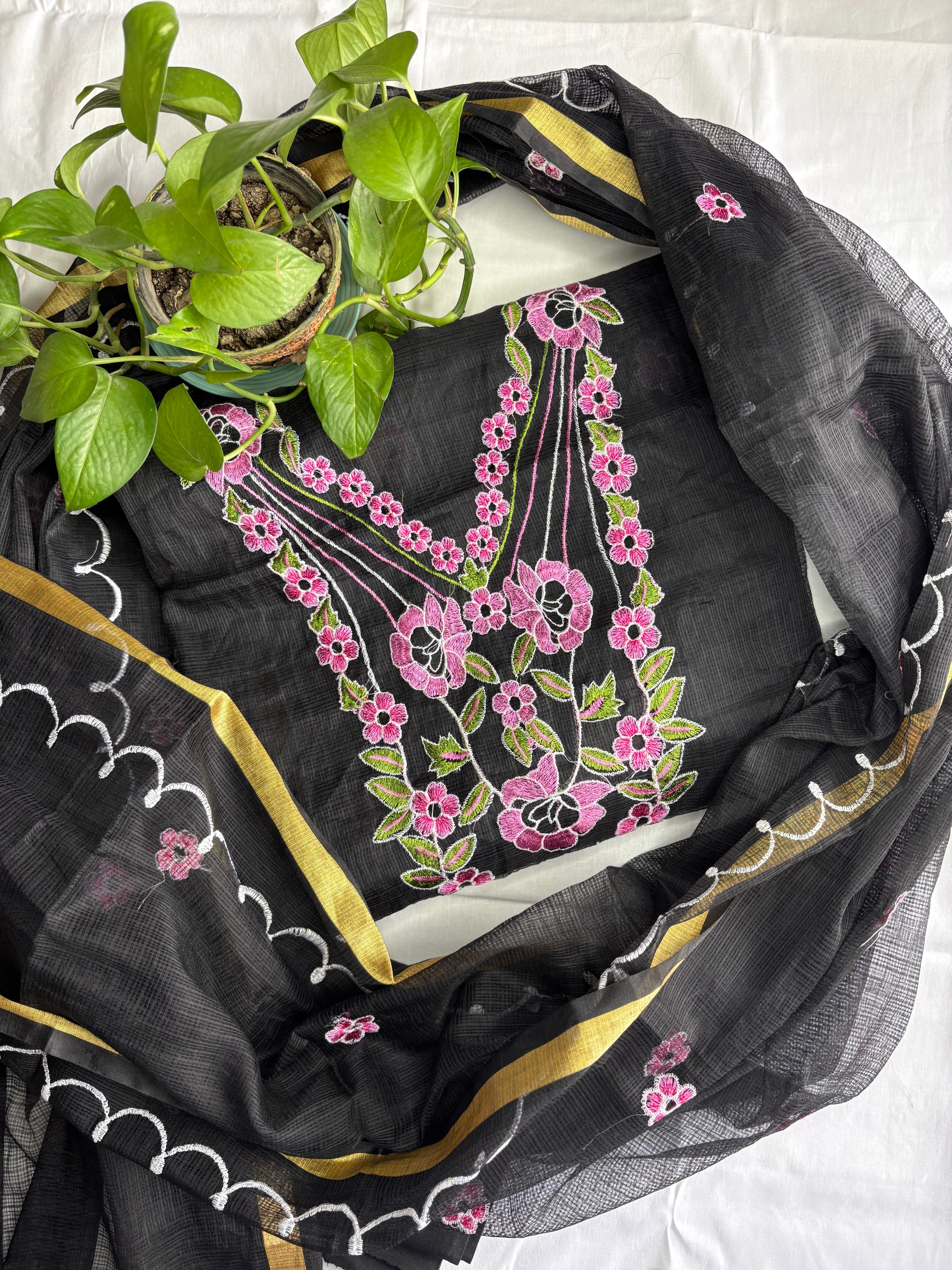 Kota Doria Embroidered Suit Set In Black