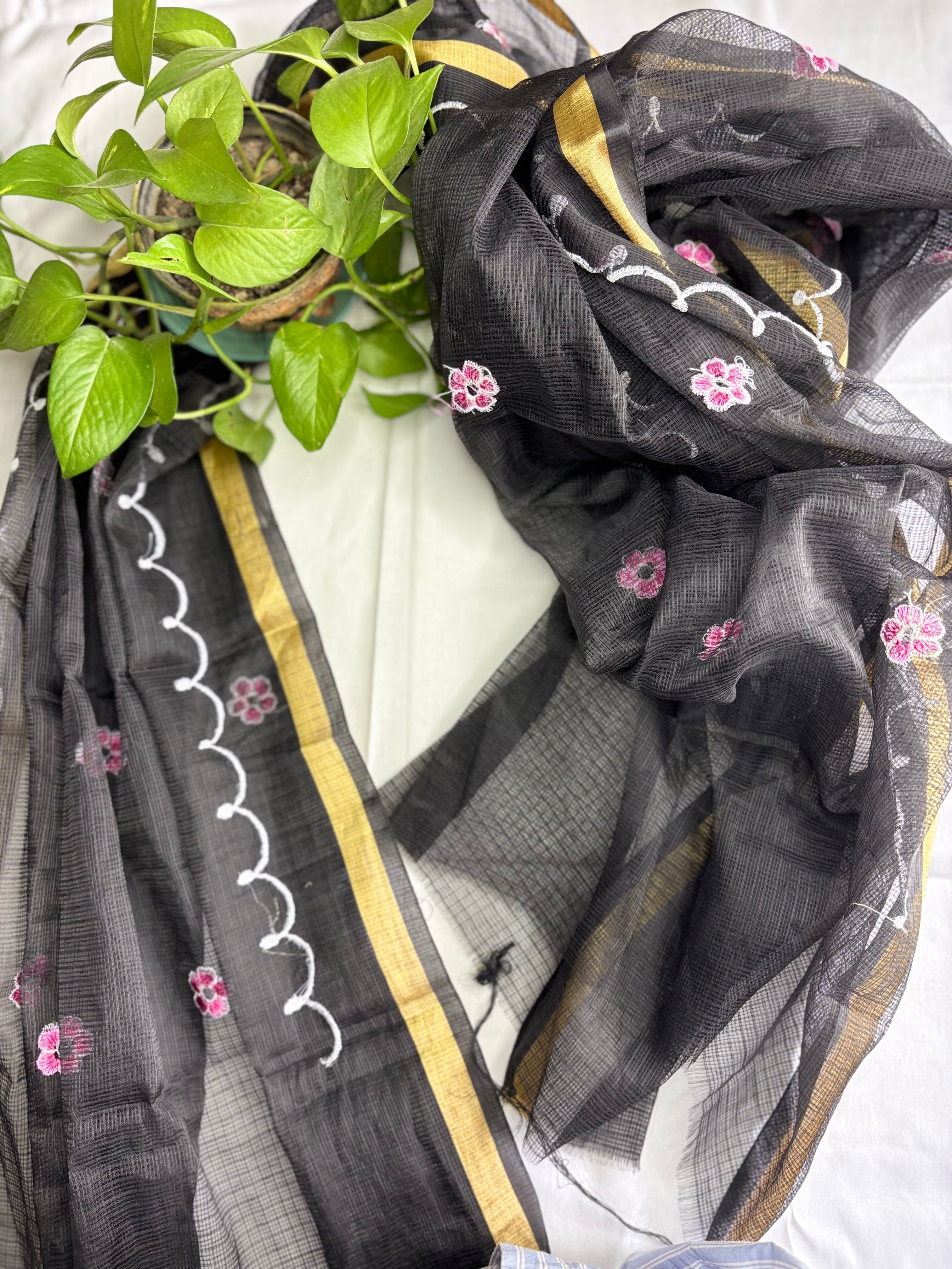 Kota Doria Embroidered Suit Set In Black