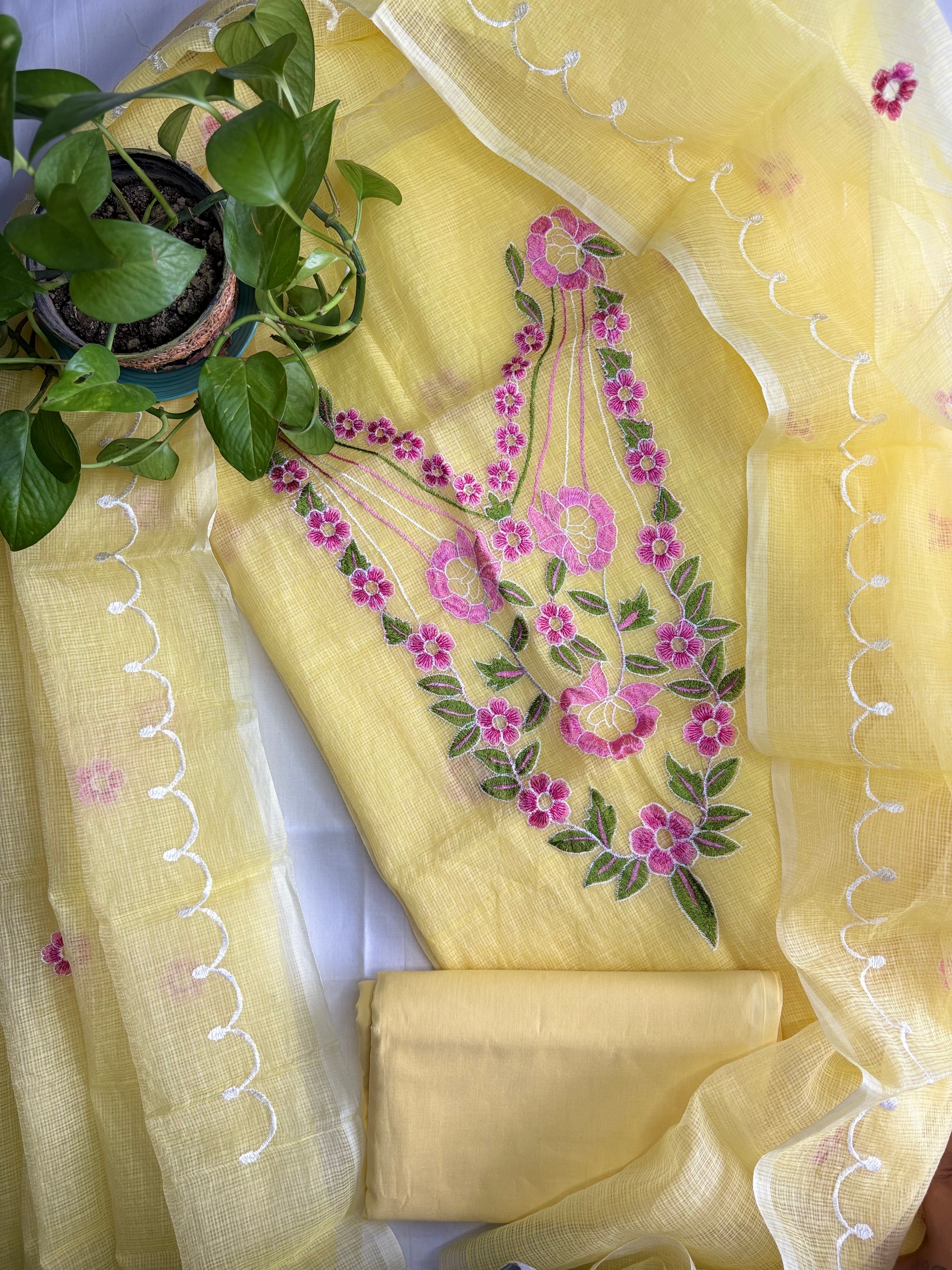 Kota Doria Embroidered Suit Set In Yellow