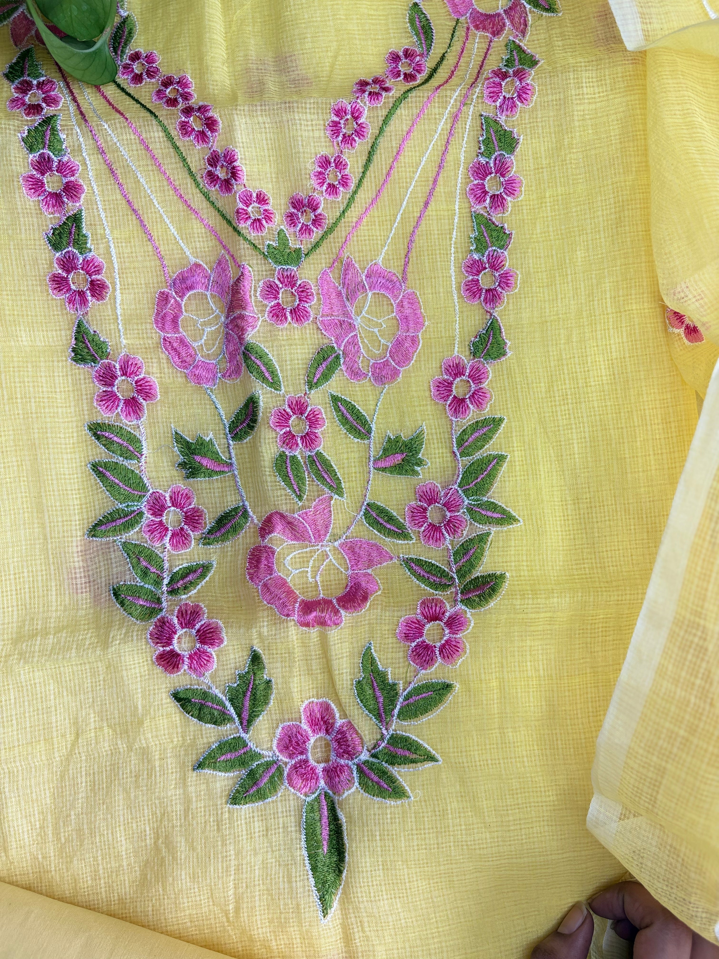 Kota Doria Embroidered Suit Set In Yellow
