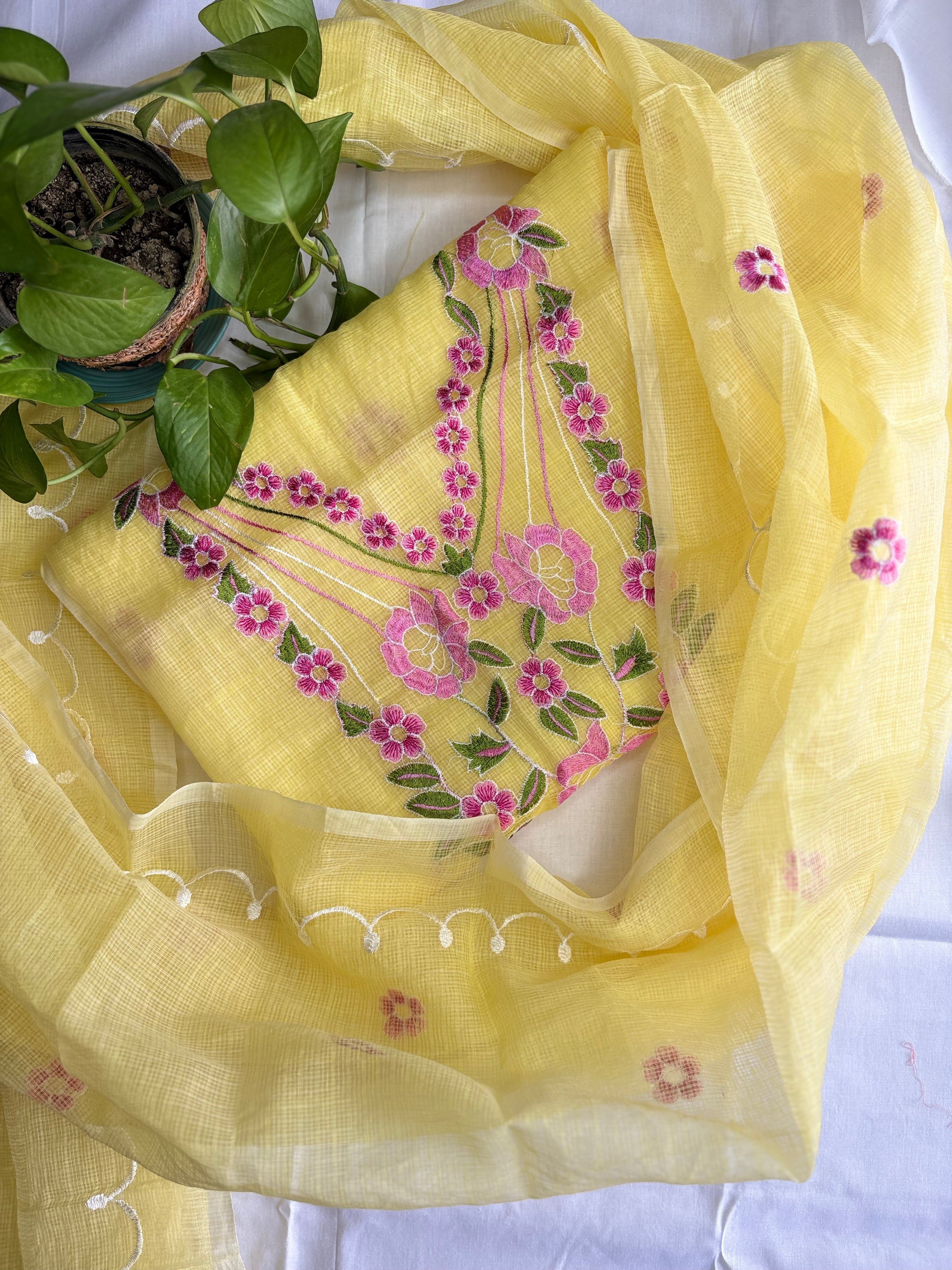 Kota Doria Embroidered Suit Set In Yellow