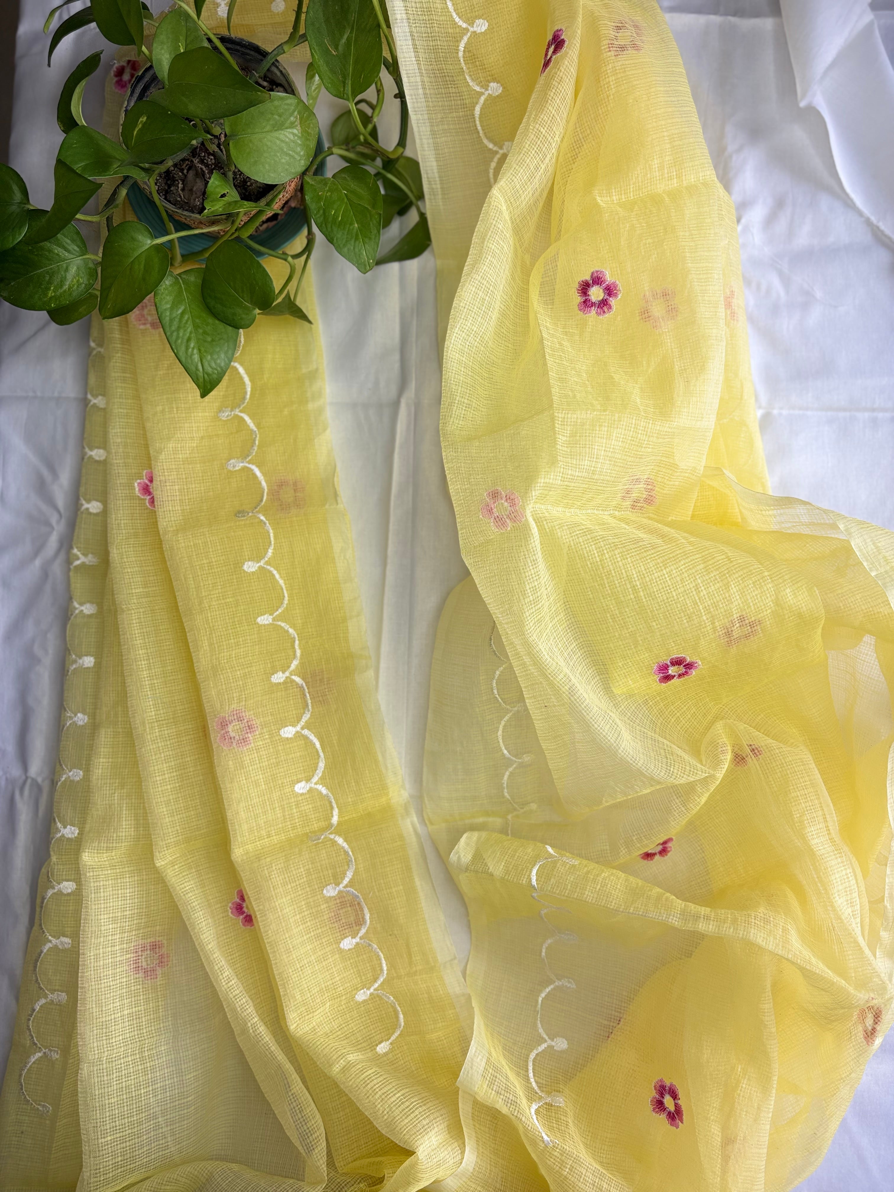 Kota Doria Embroidered Suit Set In Yellow