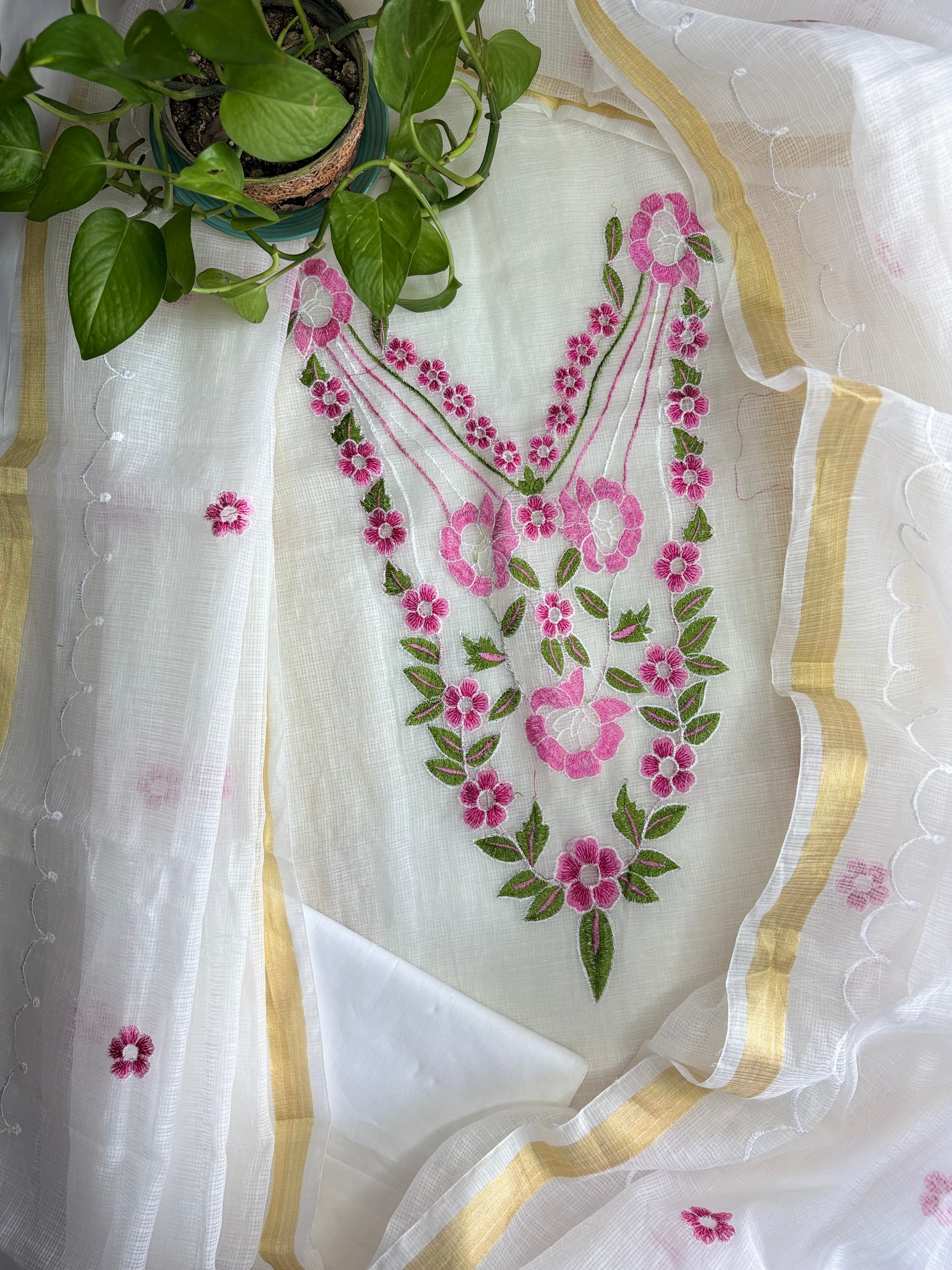 Kota Doria Embroidered Suit Set In white