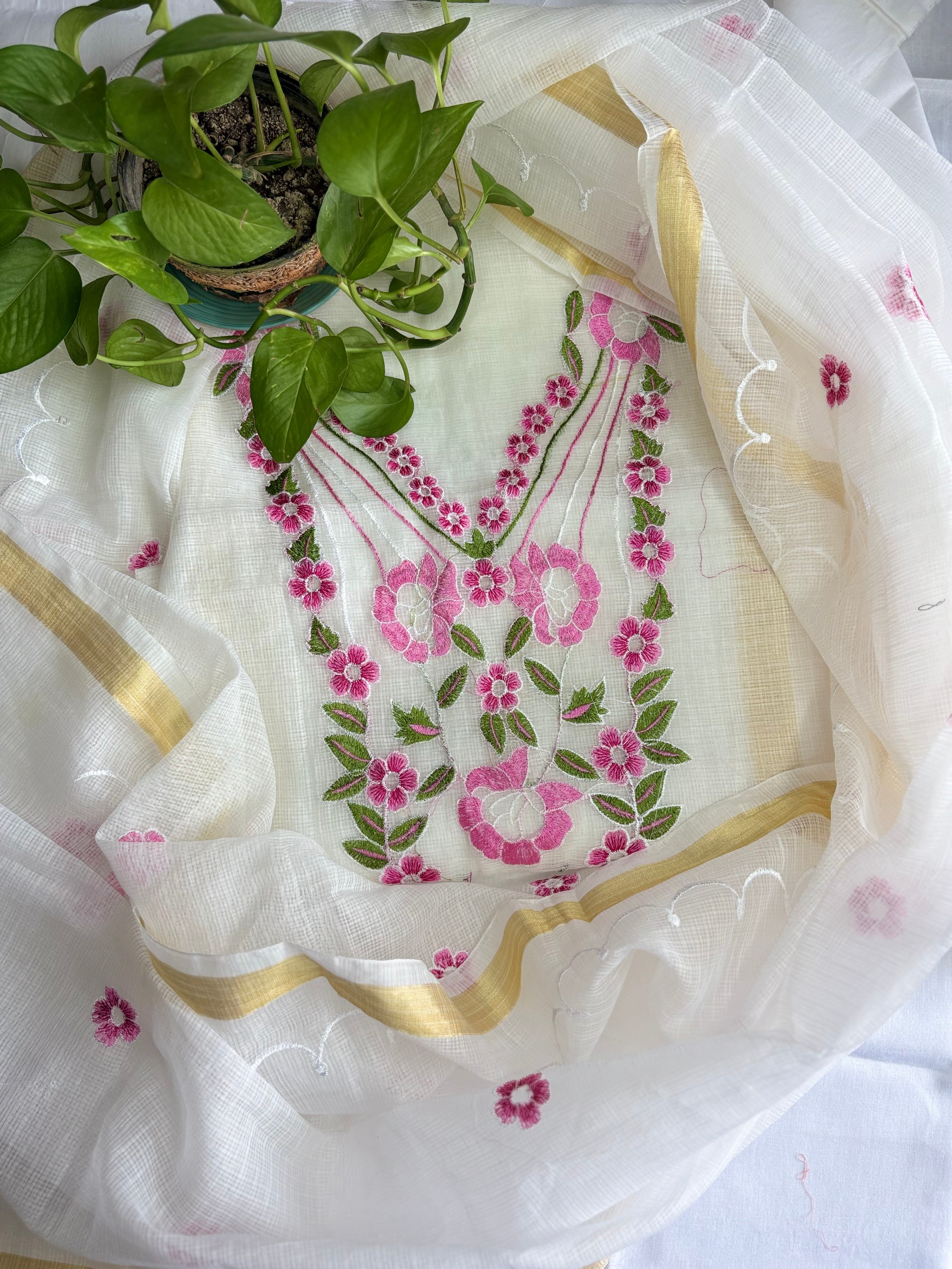 Kota Doria Embroidered Suit Set In white