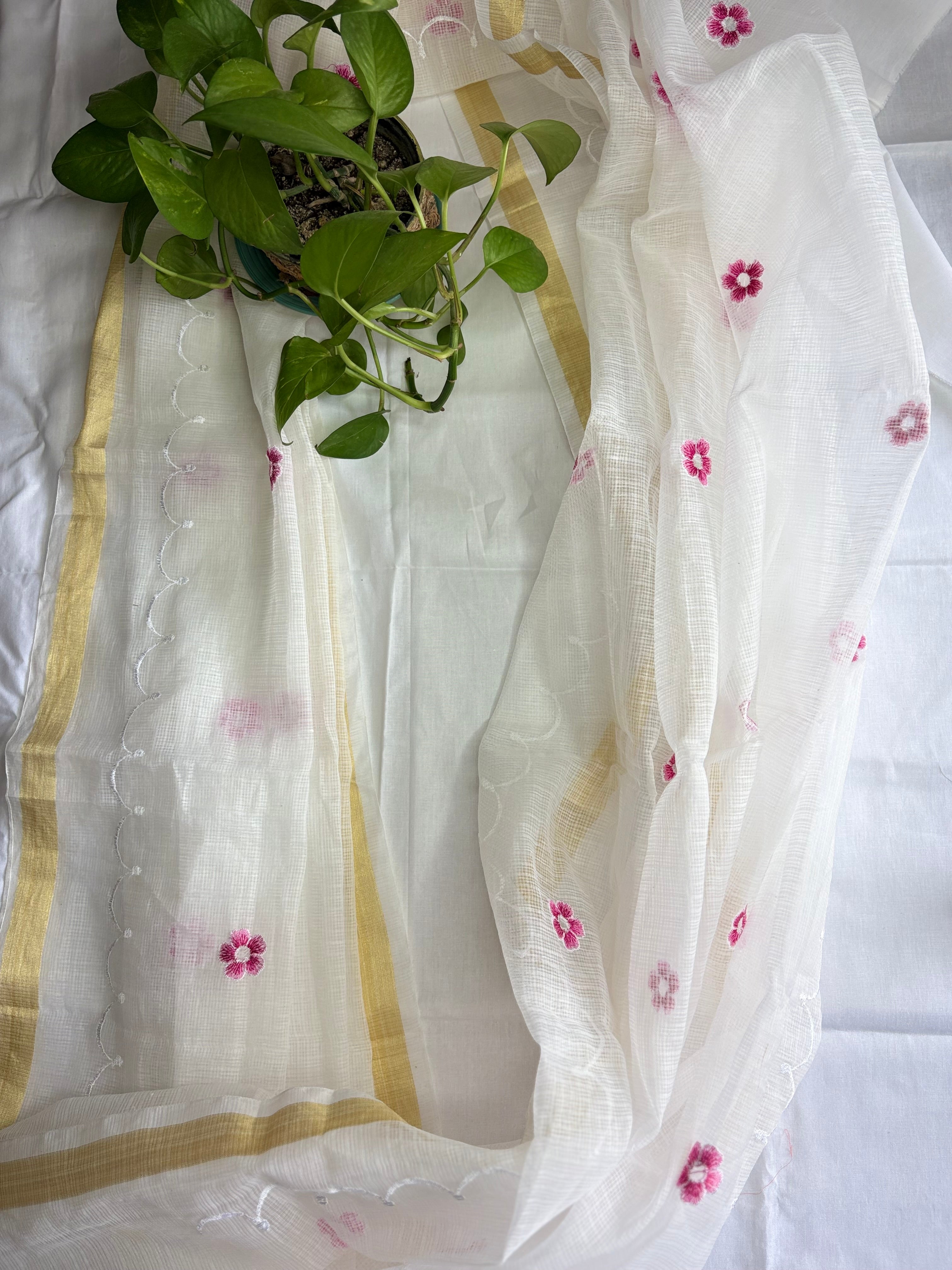 Kota Doria Embroidered Suit Set In white