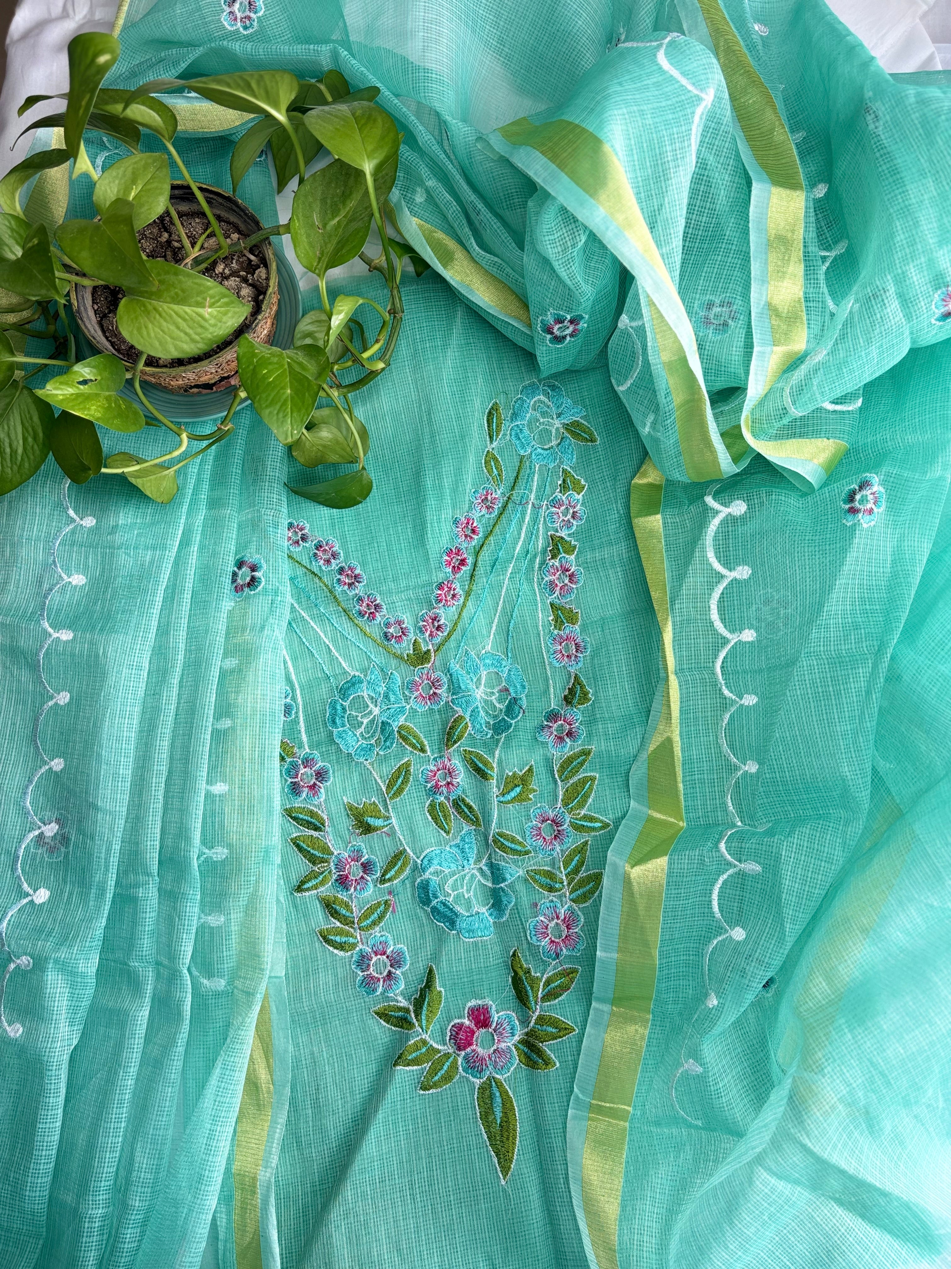 Kota Doria Embroidered Suit Set In Green