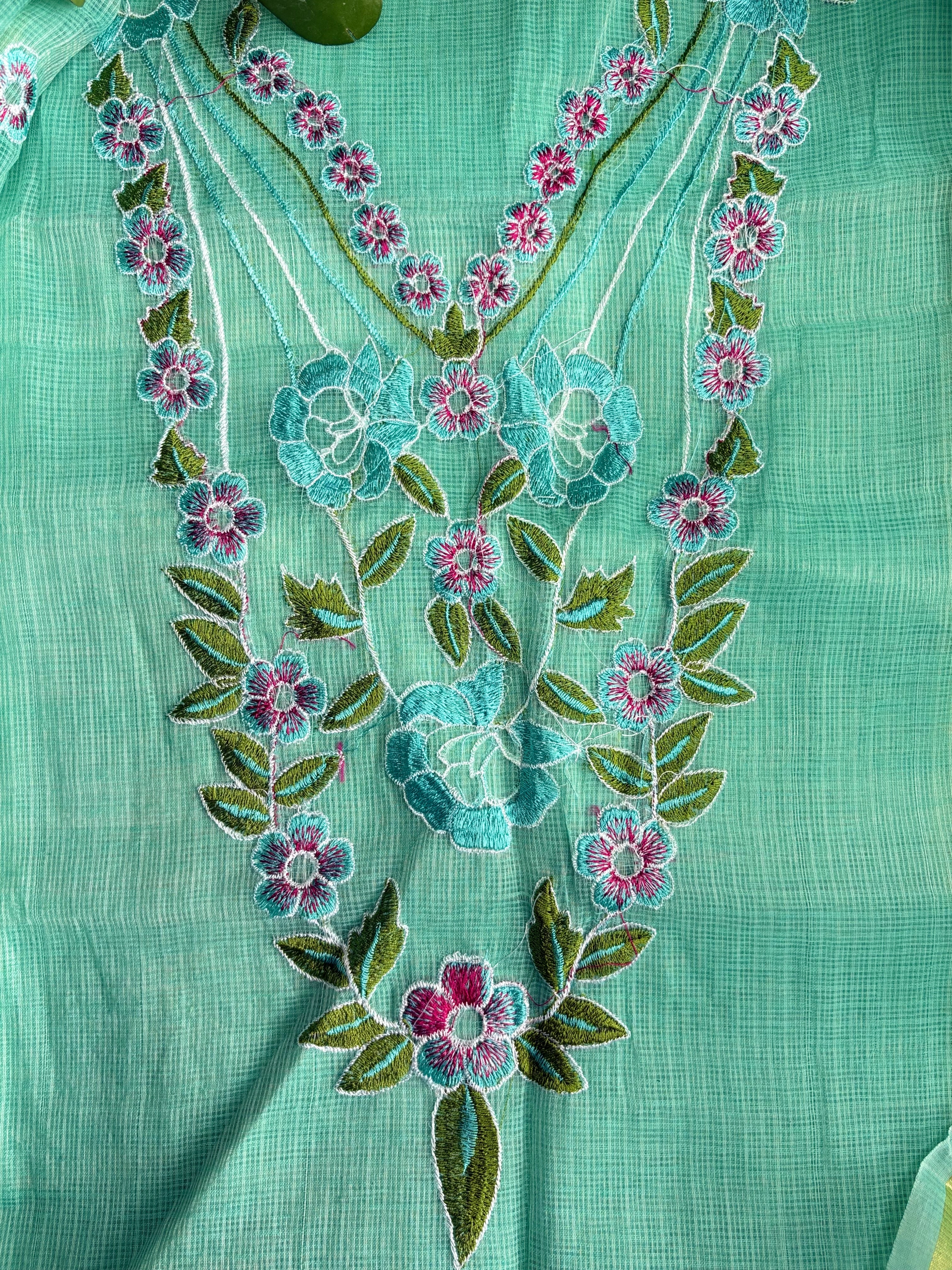 Kota Doria Embroidered Suit Set In Green