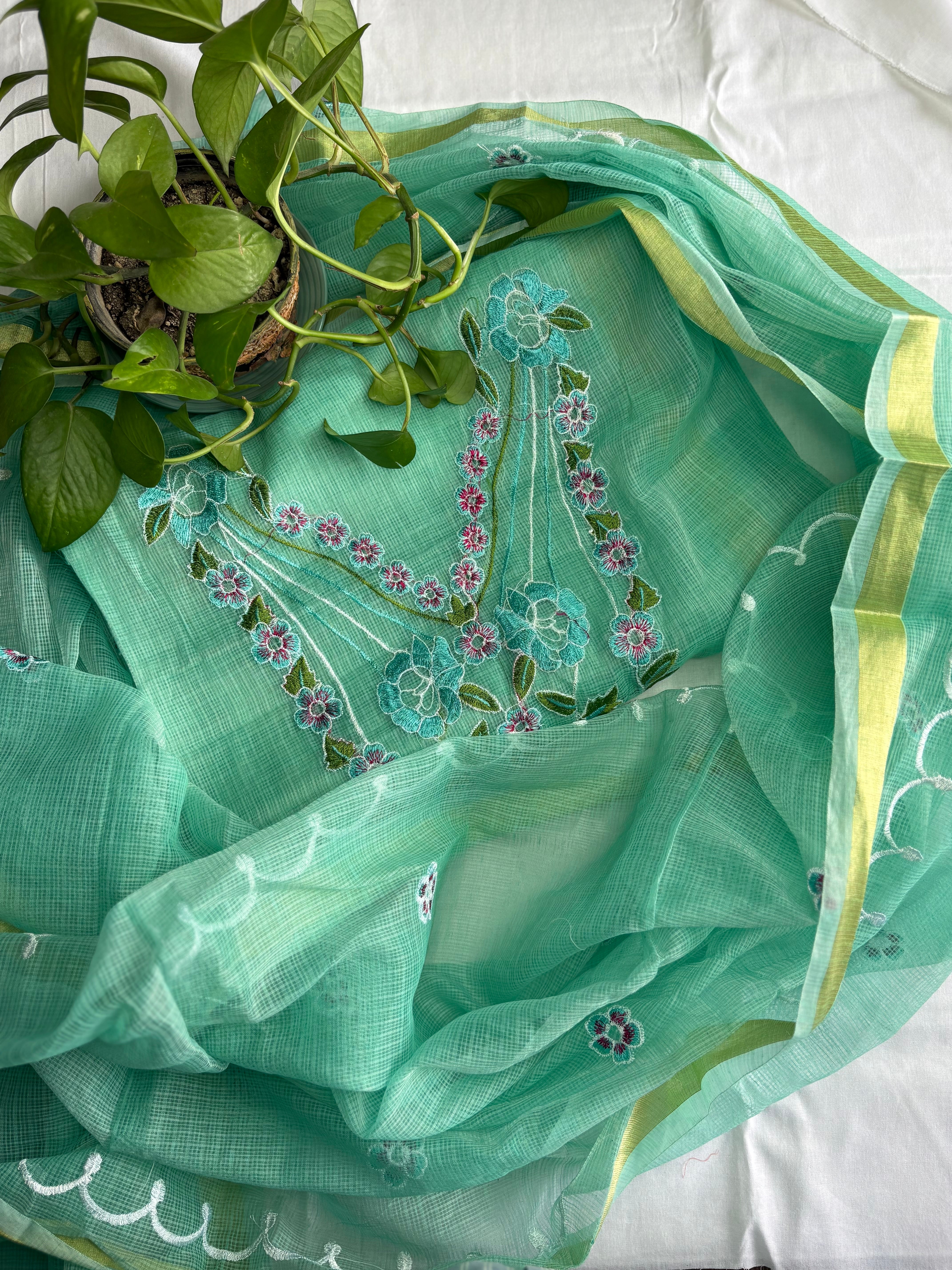 Kota Doria Embroidered Suit Set In Green