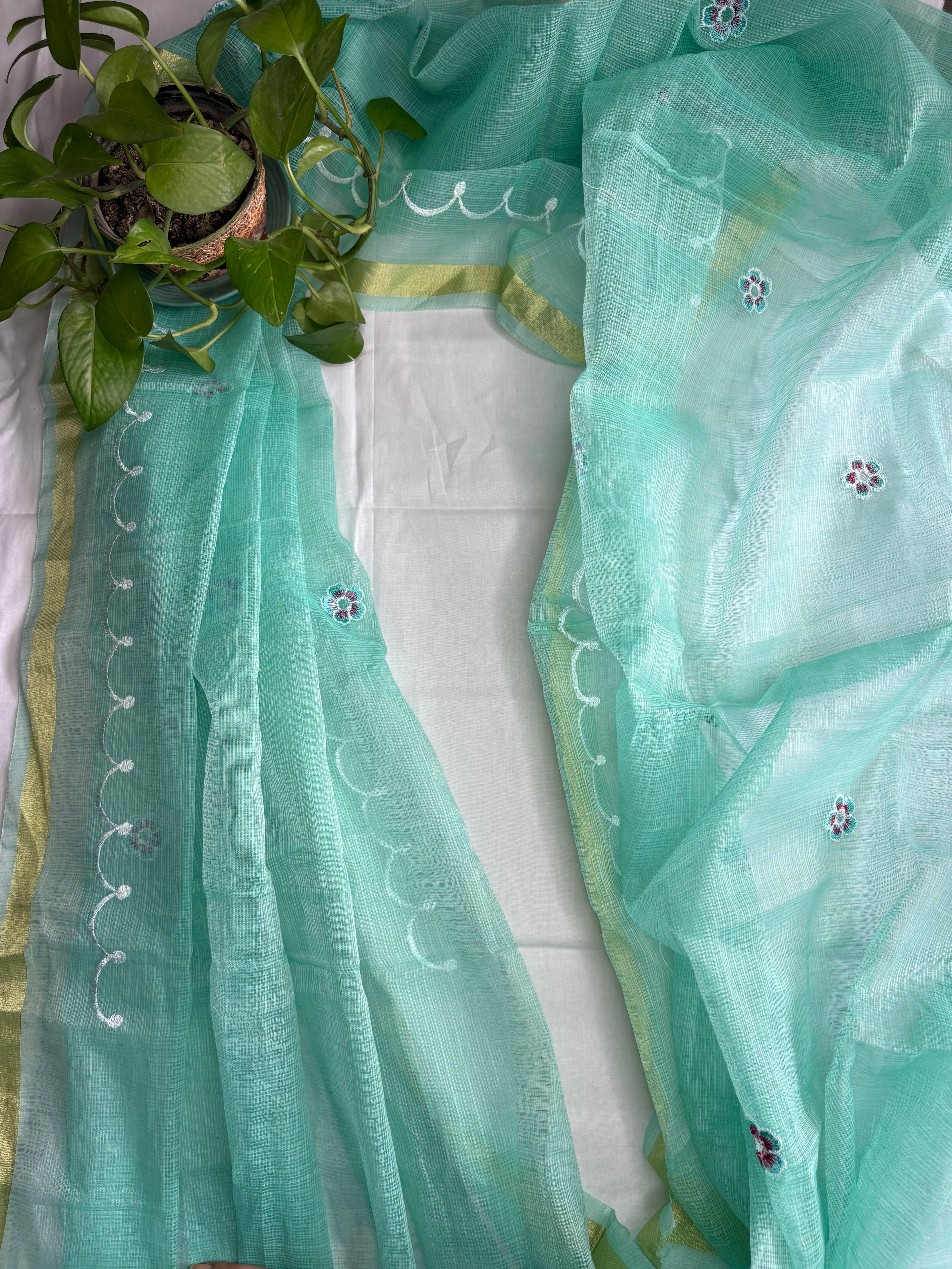 Kota Doria Embroidered Suit Set In Green