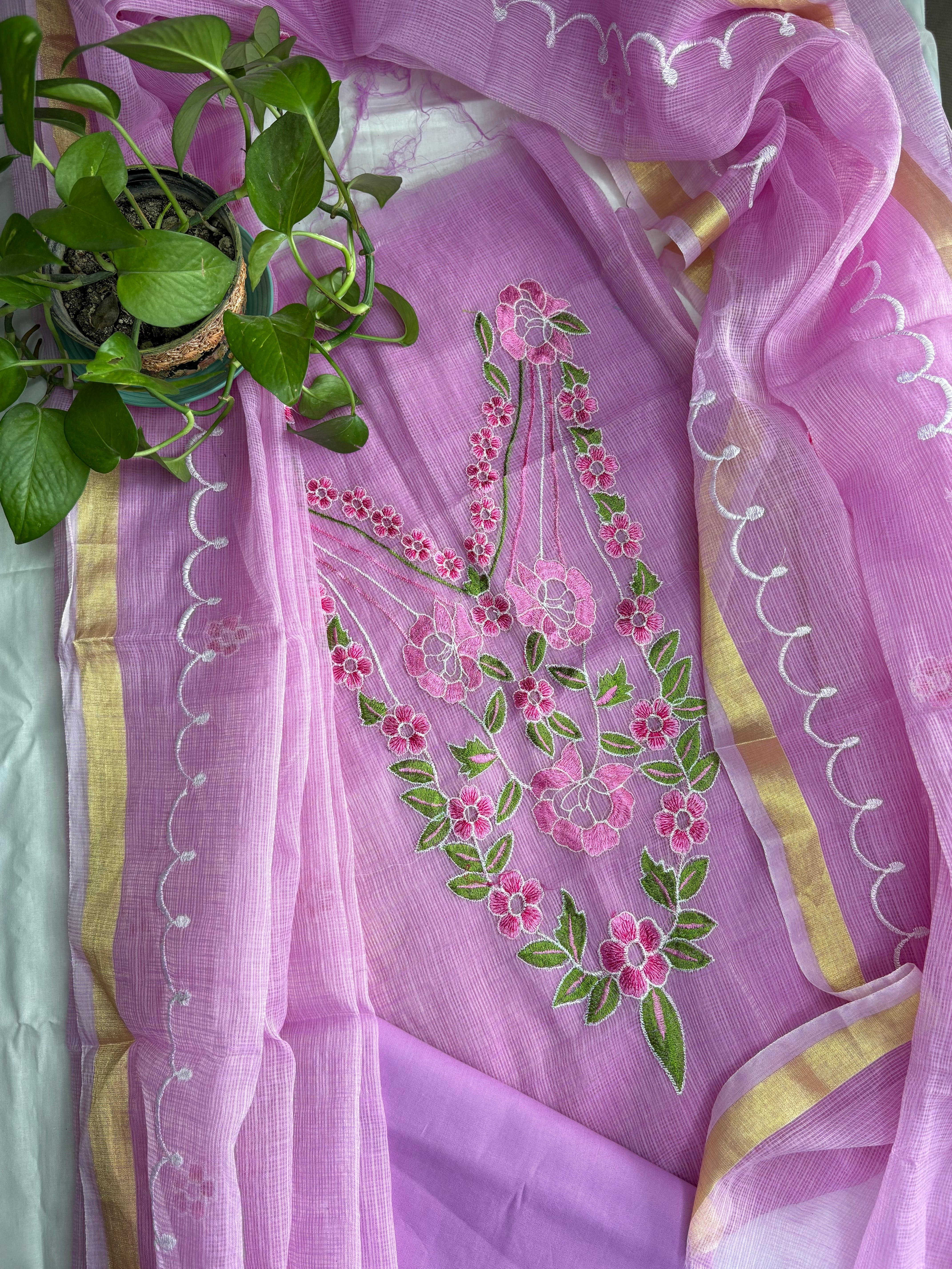 Kota Doria Embroidered Suit Set In Pink
