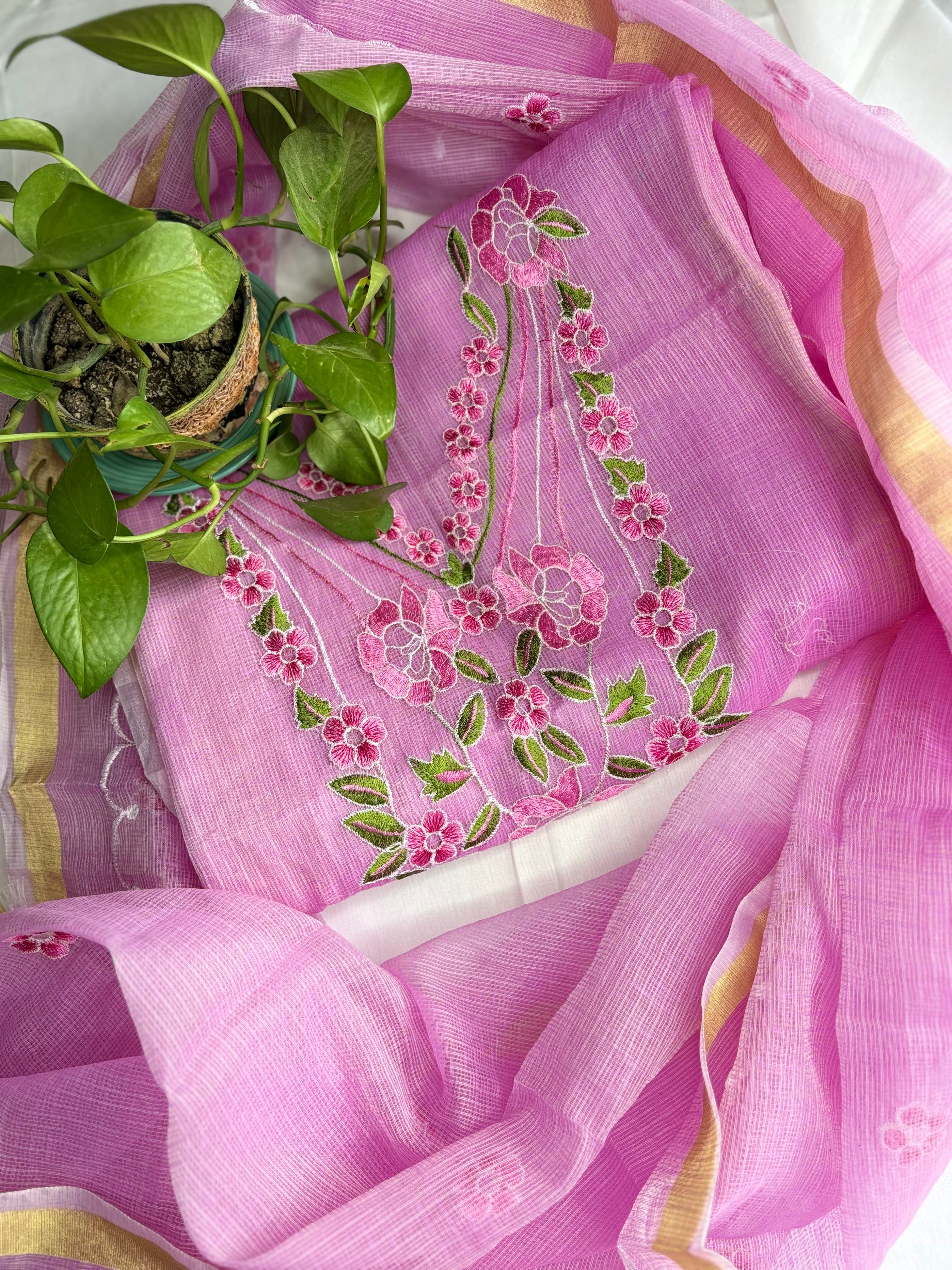 Kota Doria Embroidered Suit Set In Pink