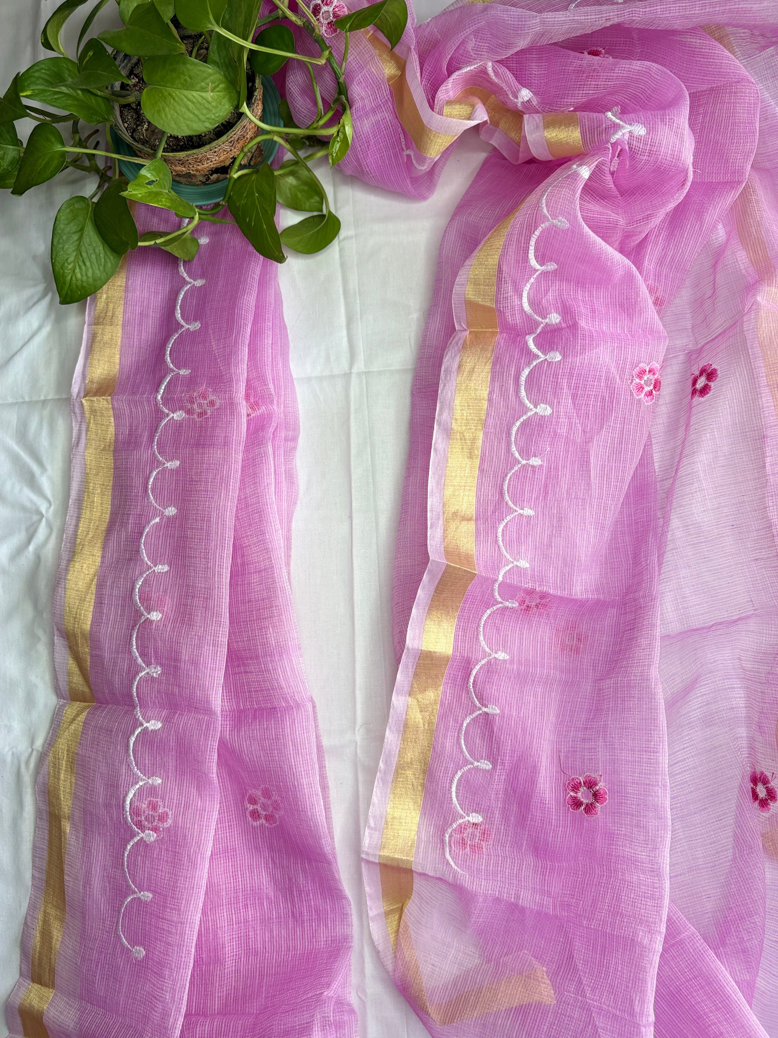 Kota Doria Embroidered Suit Set In Pink